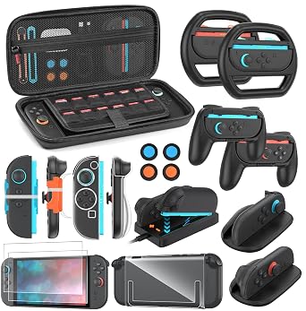 Switch 2 Accessories Bundle for Nintendo Switch 2 2025 Carrying Case, Console Protective Cover&TPU Grips, HD Screen Protector, Joy-Con Charger, FPS Mouse Grip, 4 x Thumb Grips, Steering Wheel Joycon Grip for Mario Kart, Wrist Straps for Just Dance