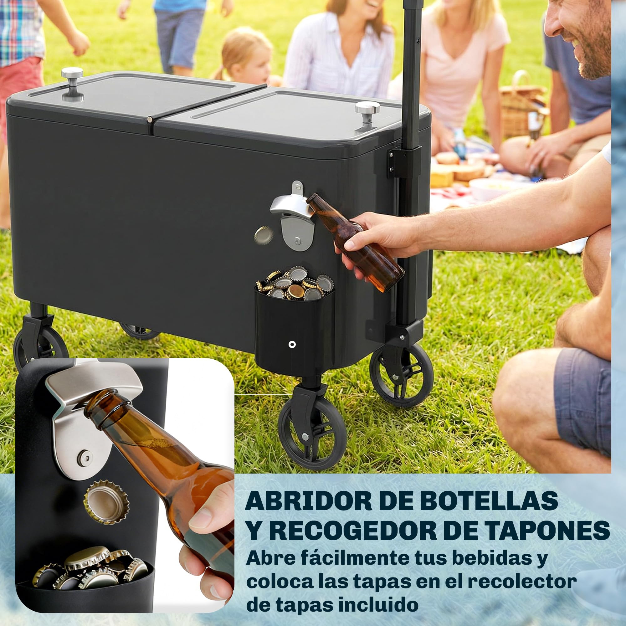 Outsunny Carrito Nevera de 56L con Ruedas, Carro de Bebidas con Mango Ajustable, Abrebotellas, Recogetapas, Drenaje y Asa, Mesa Nevera Jardín Exterior para Patio, Fiesta, BBQ, 75x35x120 cm, Negro
