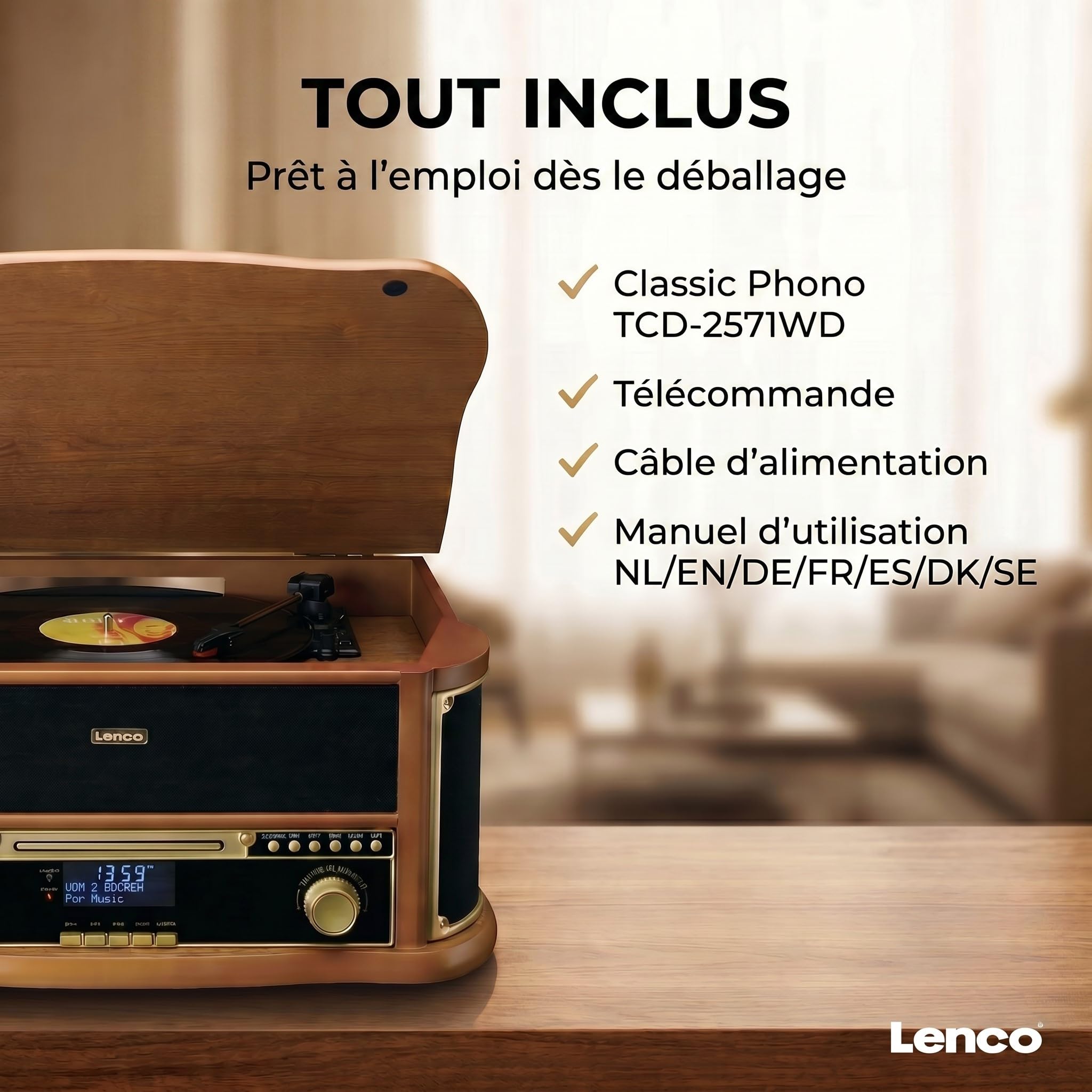 Lenco TCD-2571 Platine Vinyle, Tourne Disque Vinyle, Platine Vinyle Bluetooth - Haut-Parleur - Radio Dab+ - Lecteur CD - Platine Cassette - 3 Vitesses - Entraînement par Courroie - 2 x 5 Watt - Bois
