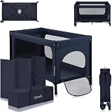 LIONELO Jasmin Easy Fold Łóżeczko Turystyczne Dziecięce do 15 kg od 0 do 36 miesięcy Piankowy Materac T25, 2 Poziomy Wysokości, Szybkie Składanie Easy Fold, Boczne Wejście, Kółka (Niebieski)