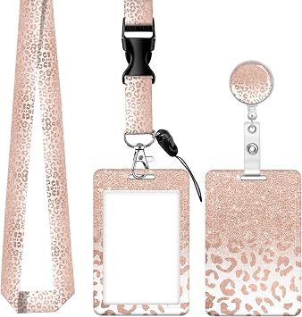 ID Badge Holder with Lanyard and Retractable Reel Clip - Fashionable Card Name Tag Protector for Nurses, Doctors, Teachers, and Students - Soft Fiber, Metal Clip, Sturdy BucklePink Ombre Leopard
