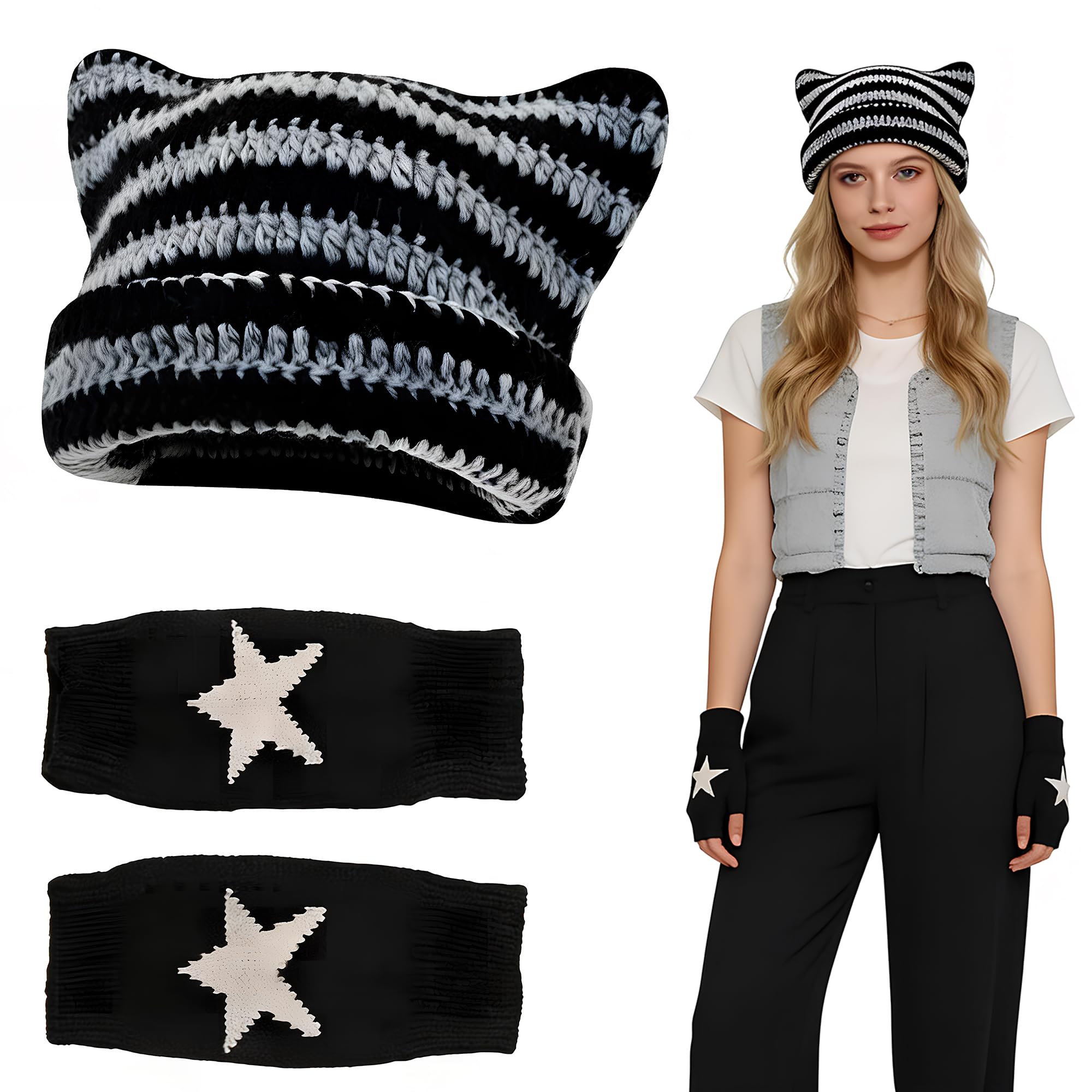 BOZILY Set of Beanies and Fingerless Gloves - Cat Ear Beret & Star Print Gloves | One-Size Comfort Fit for Women Men | Goth Y2K Accessories | All-Season Wear for Concerts, Festivals, Streetwear