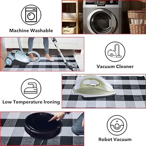 Miniatura 5 de pinyan Alfombras de algodón de lana cuadriculada de 27.5 x 43 pulgadas, tejido a mano para uso en interiores y exteriores, tapete de puerta a