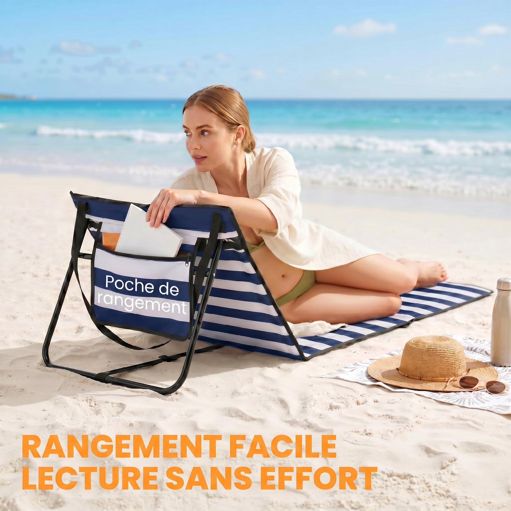 Outsunny Lot de 2 Tapis de Plage rembourré - Matelas de Plage - Dossier inclinable Multi-Positions - Sangle de Transport Inclus - métal Polyester Blanc et Bleu