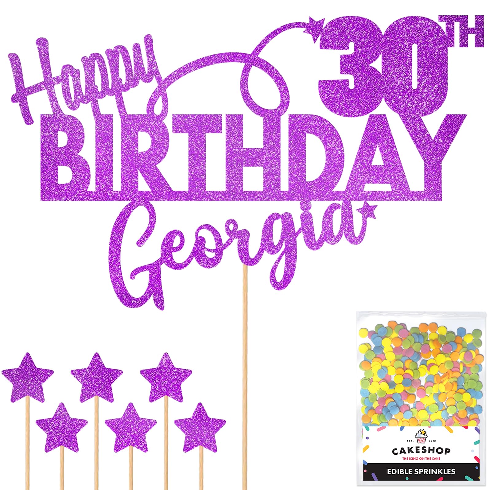 Personalised Happy Birthday Glitter Cake Topper - Purple Any Name & Any Age Glitter Cake Decoration and Sprinkles - Happy Birthday Decorations - Personalised Toppers for Cakes by Cakeshop โ image 1