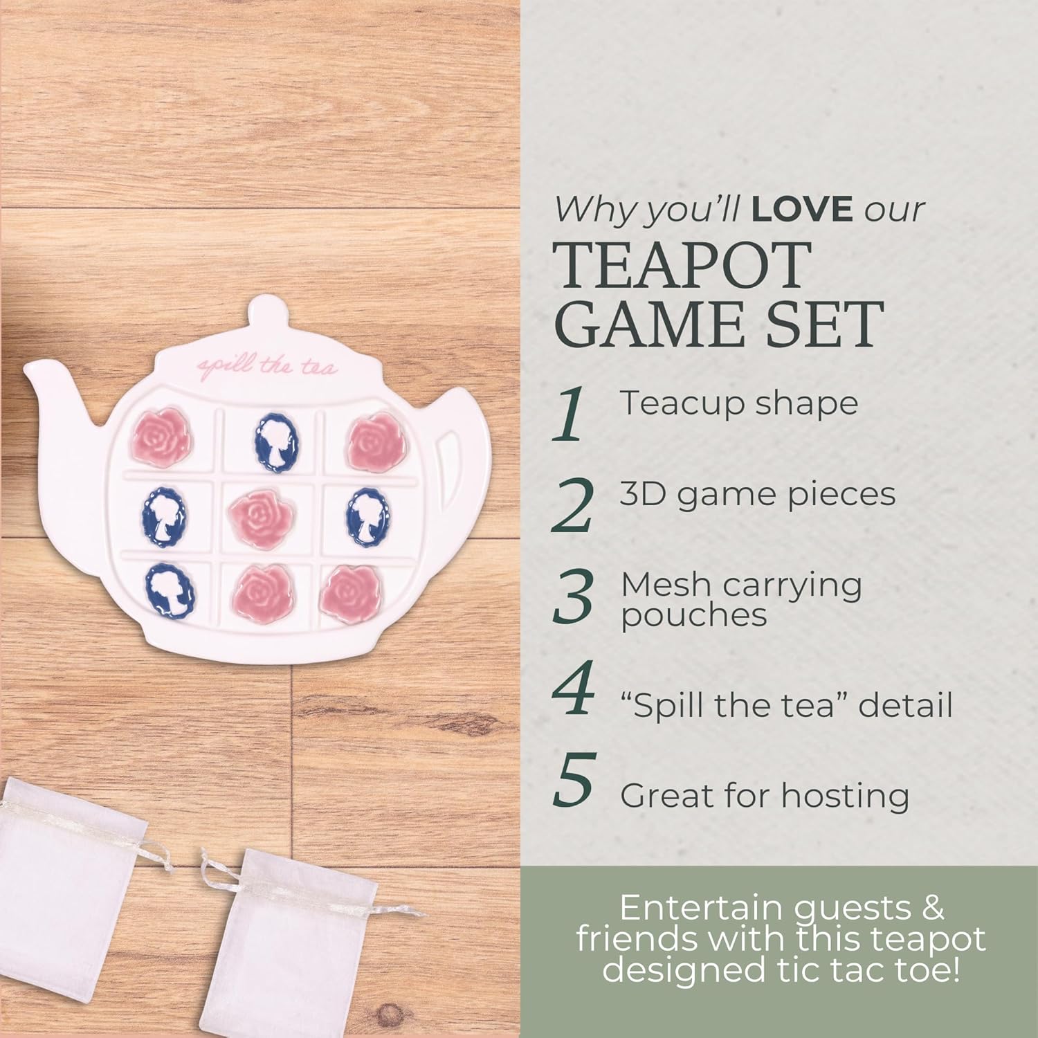 Steel Mill & Co Ceramic Teapot Tic Tac Toe Game, 7.75" x 6" Tabletop Set with Cameo & Rose Pieces, Home Décor & Game Accent with Satchel Storage and Gift Ready Packaging (Spill The Tea)