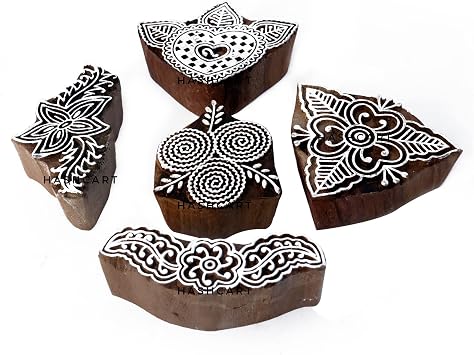 Wooden Stamps for Block Printing on Saree Border, Fabric, Textile, Clay, Pottery, Tattoo & Henna, Set of 5 HASHCART