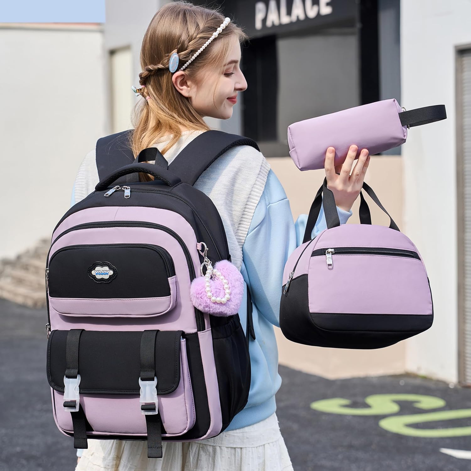 Backpack for Girls 3pcs Set Kids Backpack with Lunch Box & Pencil Case,Waterproof Bookbag Back to School Backpacks for Elementary Middle High School Students College Teen Travel(Black Purple Set)