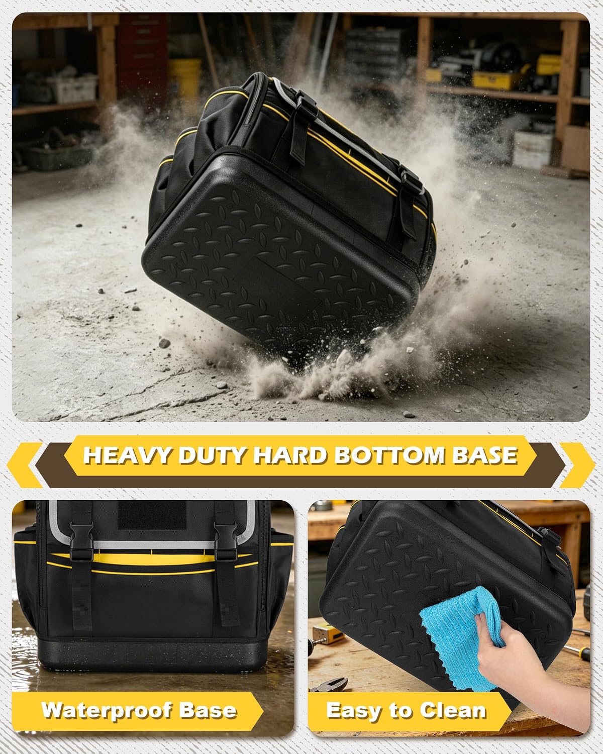 12-Inch Tool Bag with Hard Bottom, Electrician Tool Box Organizer with Detachable Divider, Multi-Purpose Work Tote for Mechanics, Carpenters, Plumbers, Black