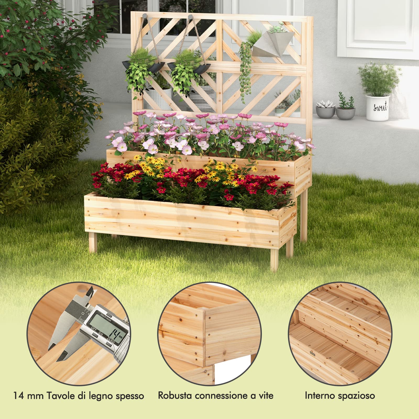 COSTWAY Fioriera da Giardino a 2 Livelli con Traliccio, Letto Rialzatto con Gambe in Legno, Foro di Drenaggio, Fioriera da Interno ed Esterno per Frutta, Verdura, Fiori ed Erbe Rampicanti (Legno)