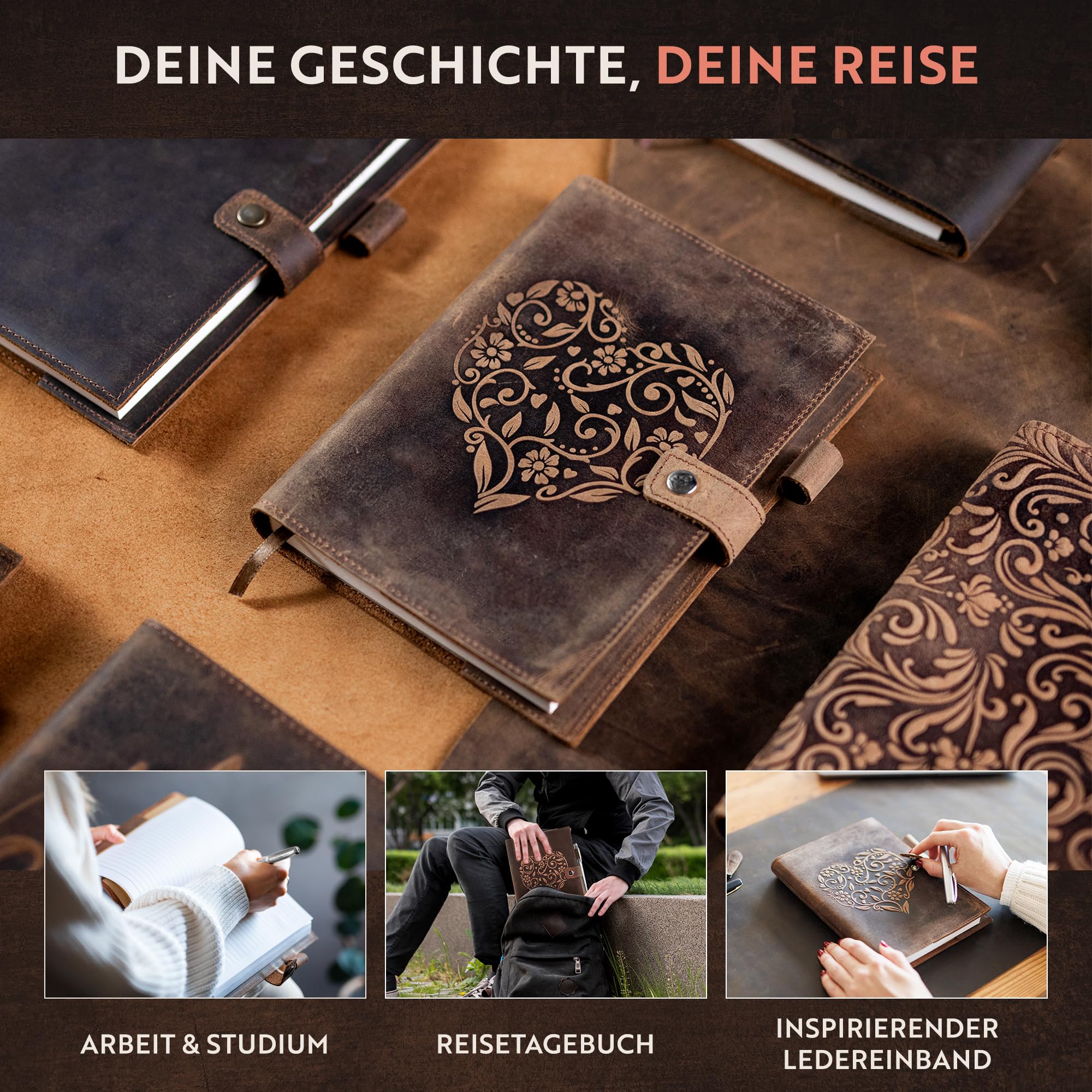 moonster Auffüllbares Liniertes Notizbuch Leder - Heft mit Stift - Tagebuch für Erwachsene mit Herz – Handgemachtes Notizbuch Klein aus Echtleder mit Stifthalter, hochwertigem A5-Papier & Luxus-Stift
