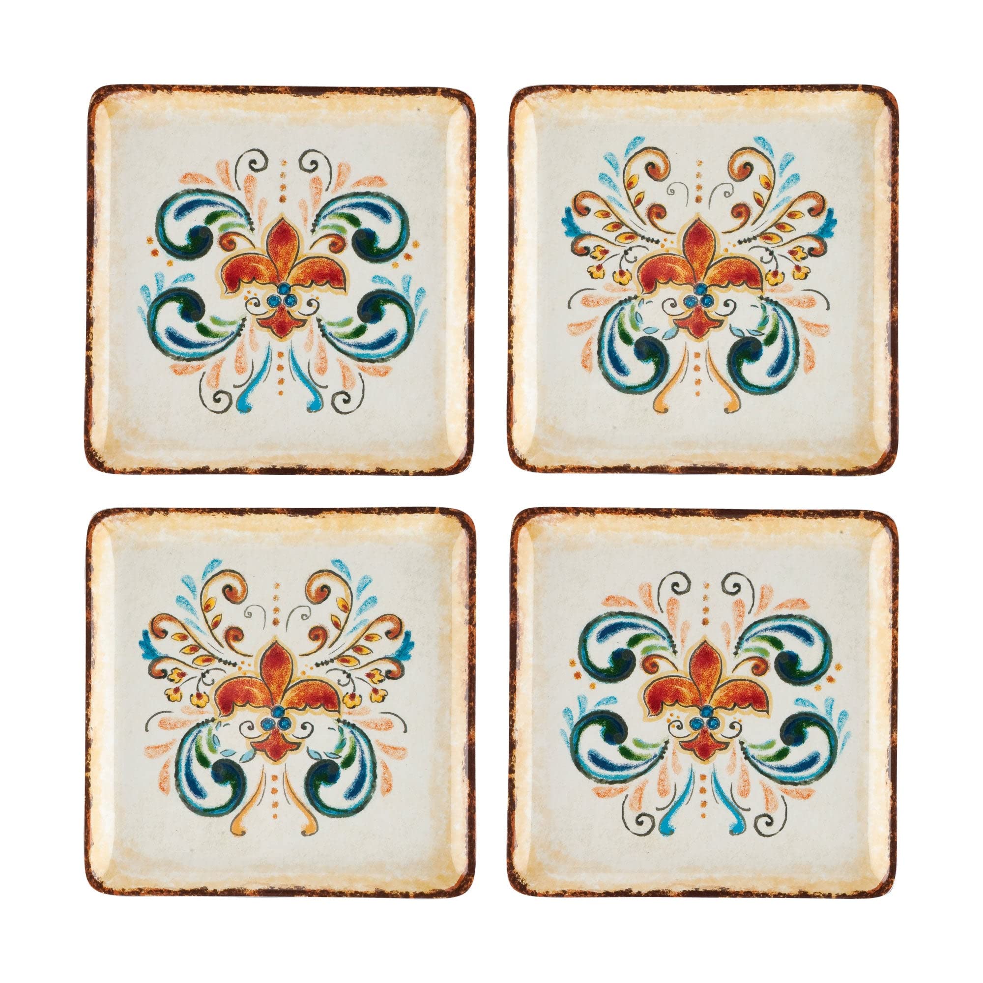 UPware Tuscany Melamine Square Dessert Plates, Small Serving Plates, for Appetizer, Snacks, and Side Dishes, Multicolor, 5.88 Inch, Set of 4