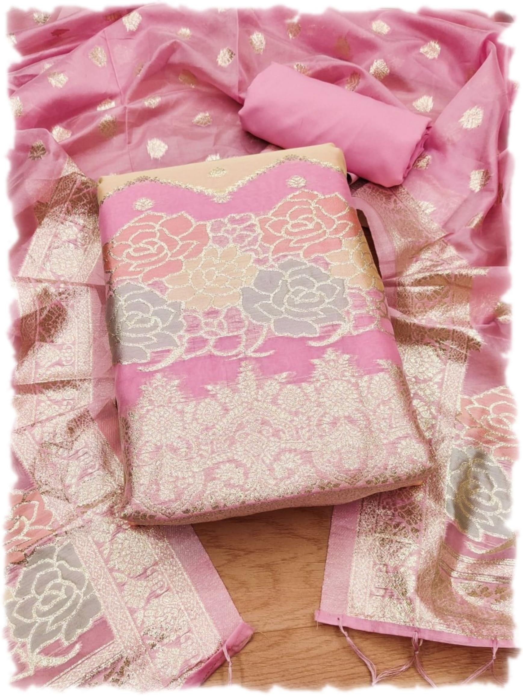 Banarasi Organza Cut Paste Suit Set with Silk Jacquard Dupatta, Heavy American Crape Bottom, 2.5 Meter,