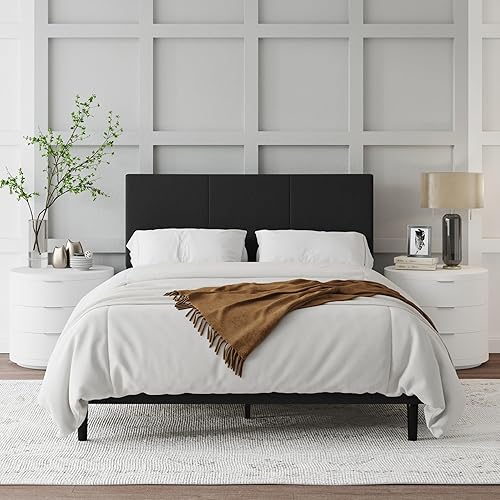 Base de cama de tamaño matrimonial con cabecera tapizada, listones de madera resistentes, no requiere somier, silencioso, fácil montaje, color negro