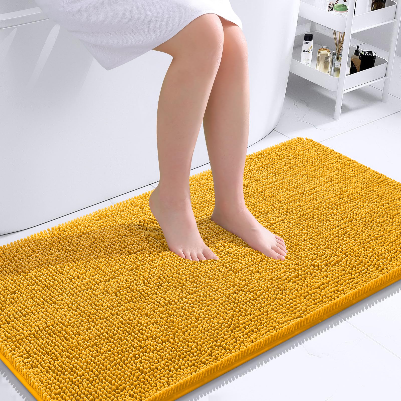 OLANLY Bathroom Runner Rugs 44x24, Soft Absorbent Chenille Bath Rugs, Rubber Backing Quick Dry, Machine Washable Long Bath Mats for Bathroom, Tub and Shower, Home Decor Accessories, Golden Yellow | Golden Yellow, Quick-Drying Rubber Backing, Washable Long Bath Mat for Bathroom Floor, Tub and Shower, Home Decor Accessories