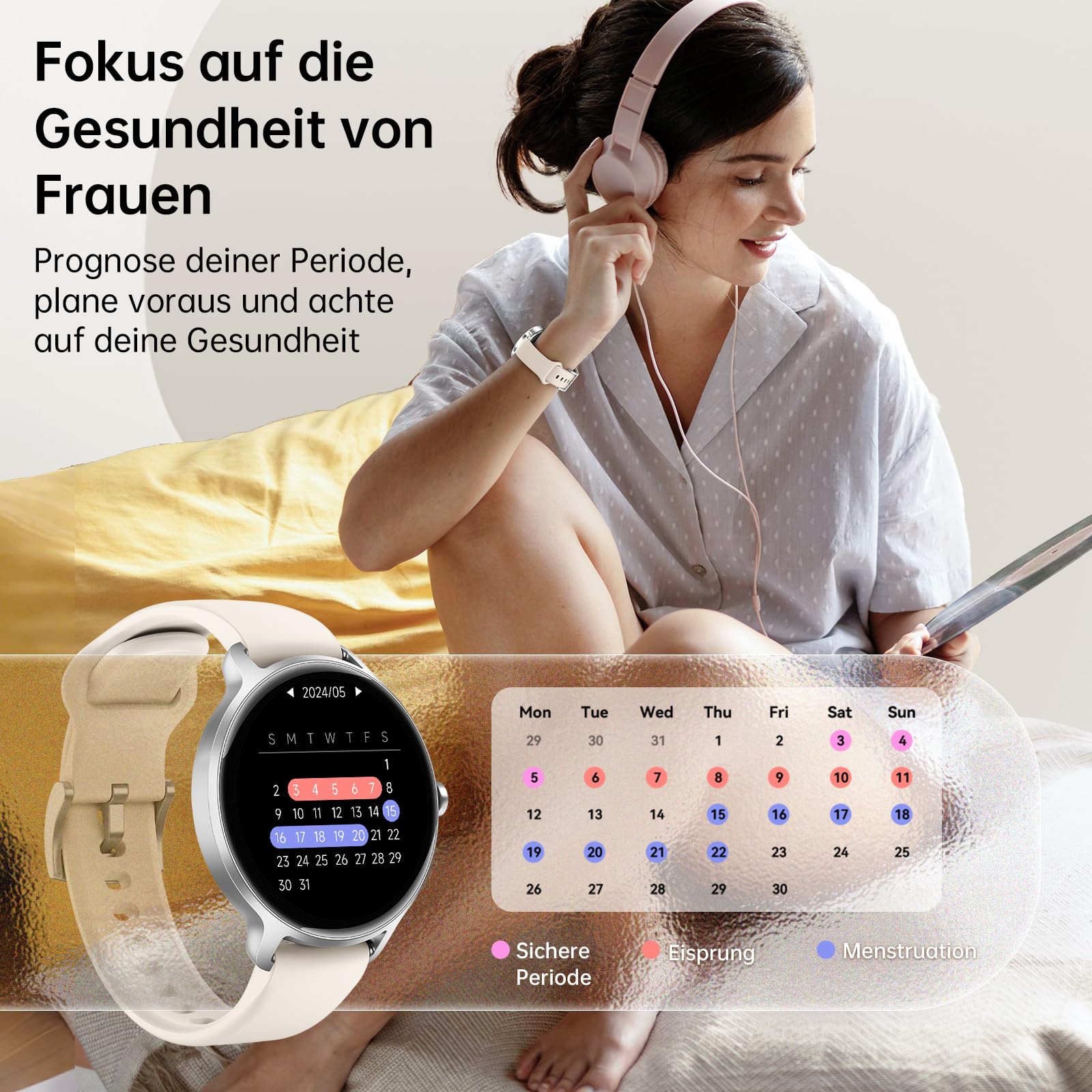 Smartwatch Damen Herren Rund, 1.27" AMOLED Smart Watch mit Telefonfunktion, Fitnessuhr Damen mit Pulsuhr Schlafmonitor Schrittzähler, 120+ Sportmodi, IP68 Wasserdicht Sportuhr für Samsung iOS Android