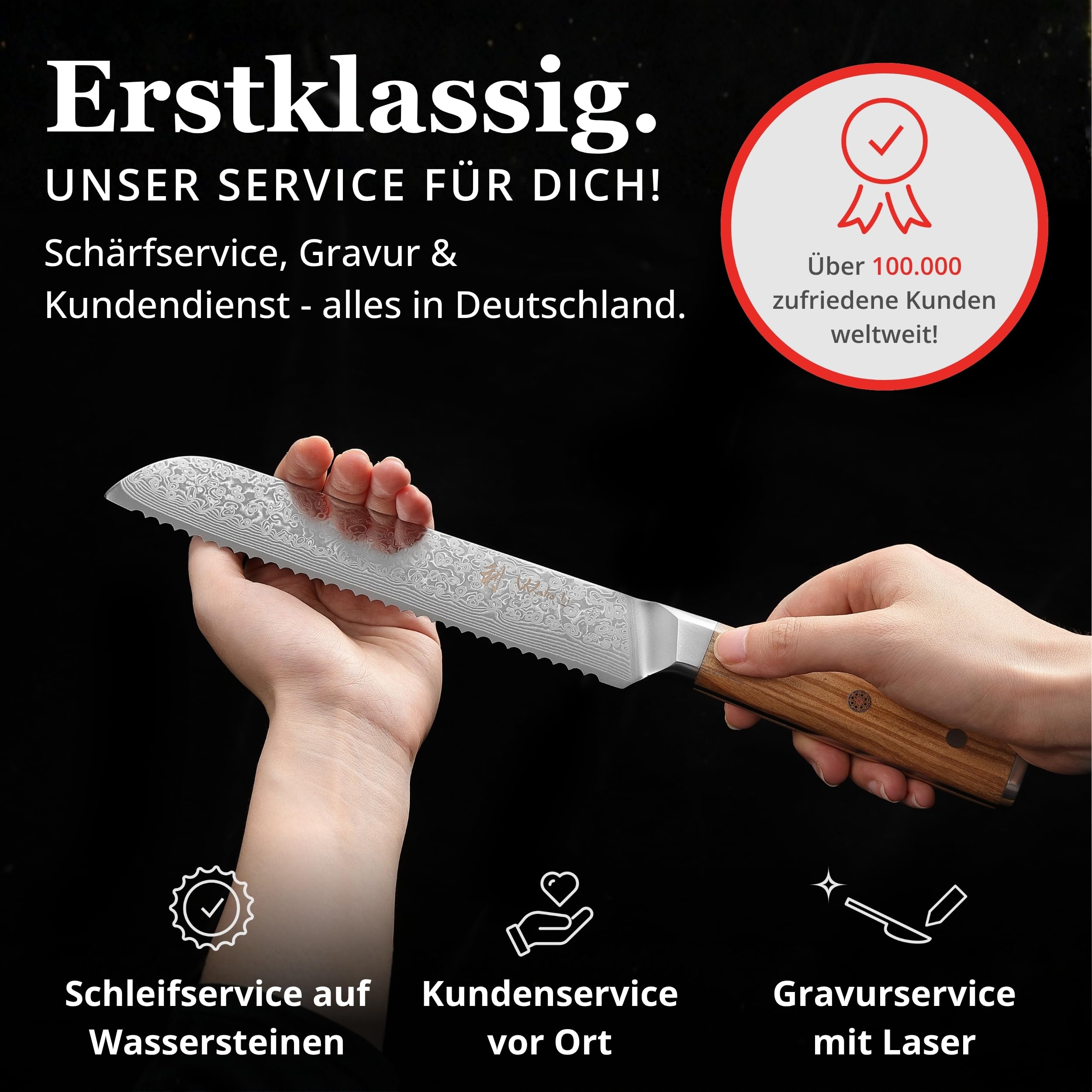 Wakoli Oribu Brotmesser mit 20 cm Klinge, VG10 Kern, 67 Lagen Damaststahl | Brotmesser: einseitiger 15° Wellenschliff, Full Tang, Olivenholzgriff, für Brot, Brötchen und Baguette, Geschenkbox