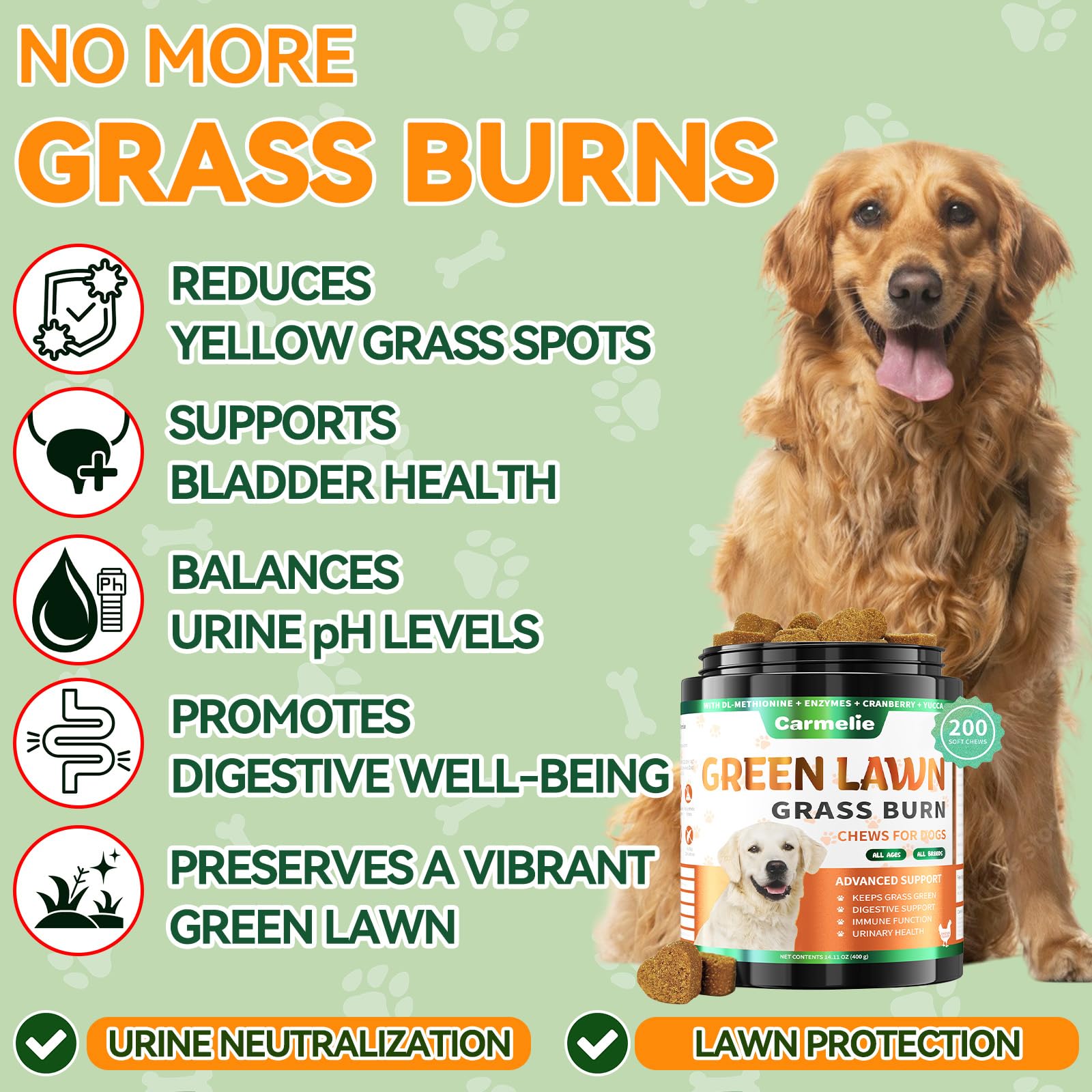 Carmelie Grass Burn Spot Chews – 200 Chews Dog Pee Grass Spot by Dog Urine – Urine Neutraliser for Lawn – Supports Urinary & Digestive Health with DL-Methionine, Probiotics & Enzymes