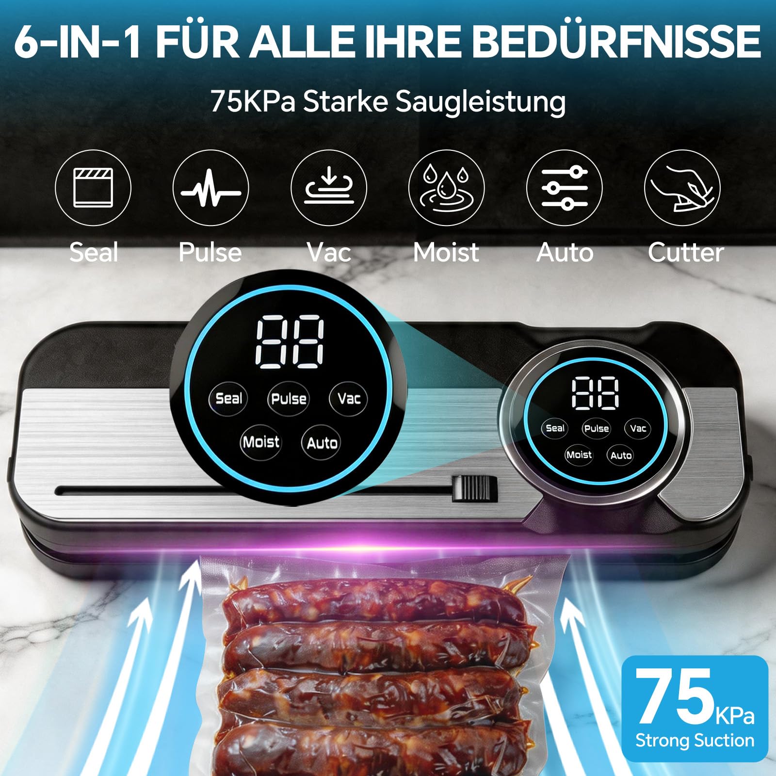 Maidlo Vakuumiergerät 120W 75kPa All-in-1 mit 100 BPA-freien Beuteln für Sous-Vide