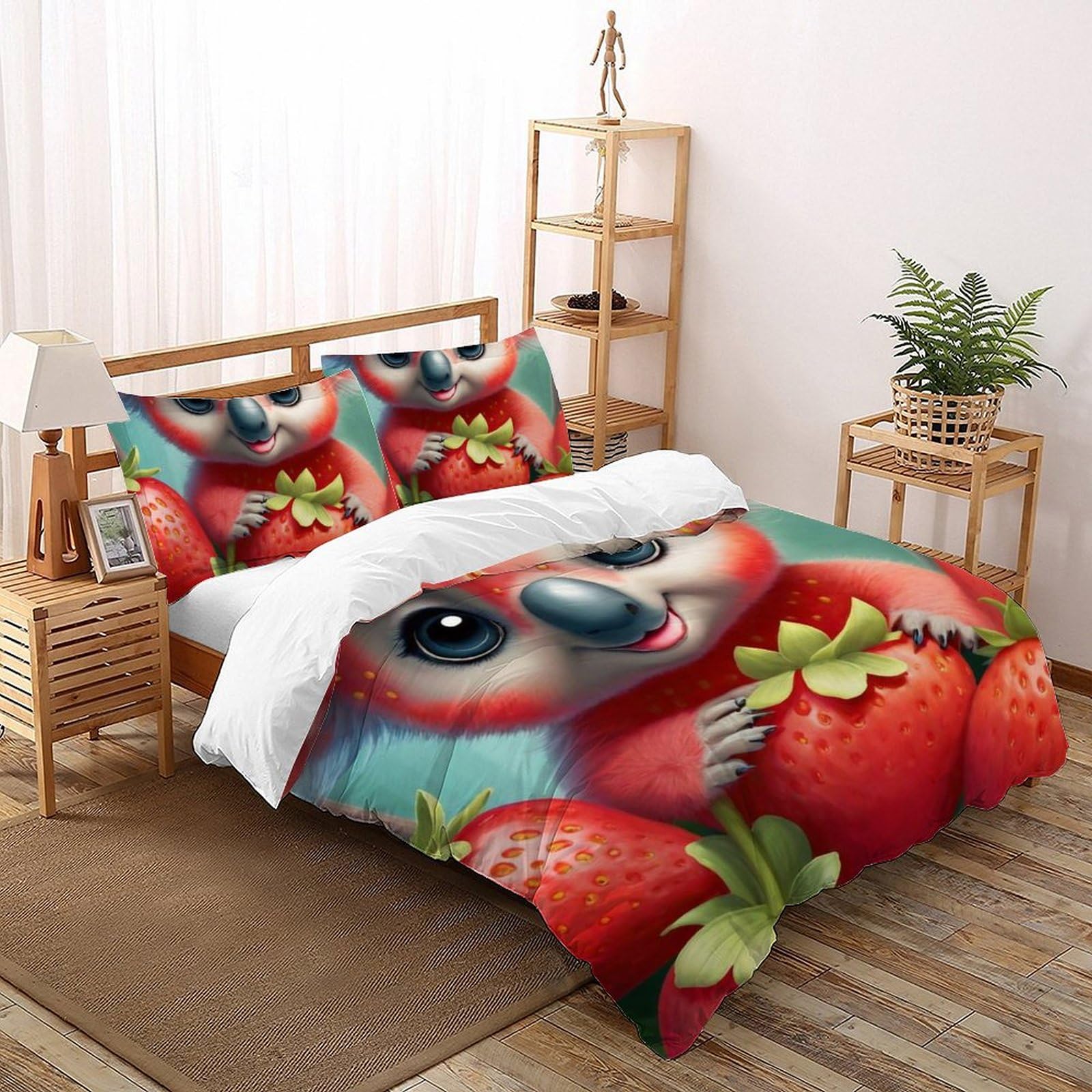 Housse de couette double Raton Laveur Fraise en microfibre 200x200 avec 2 taies