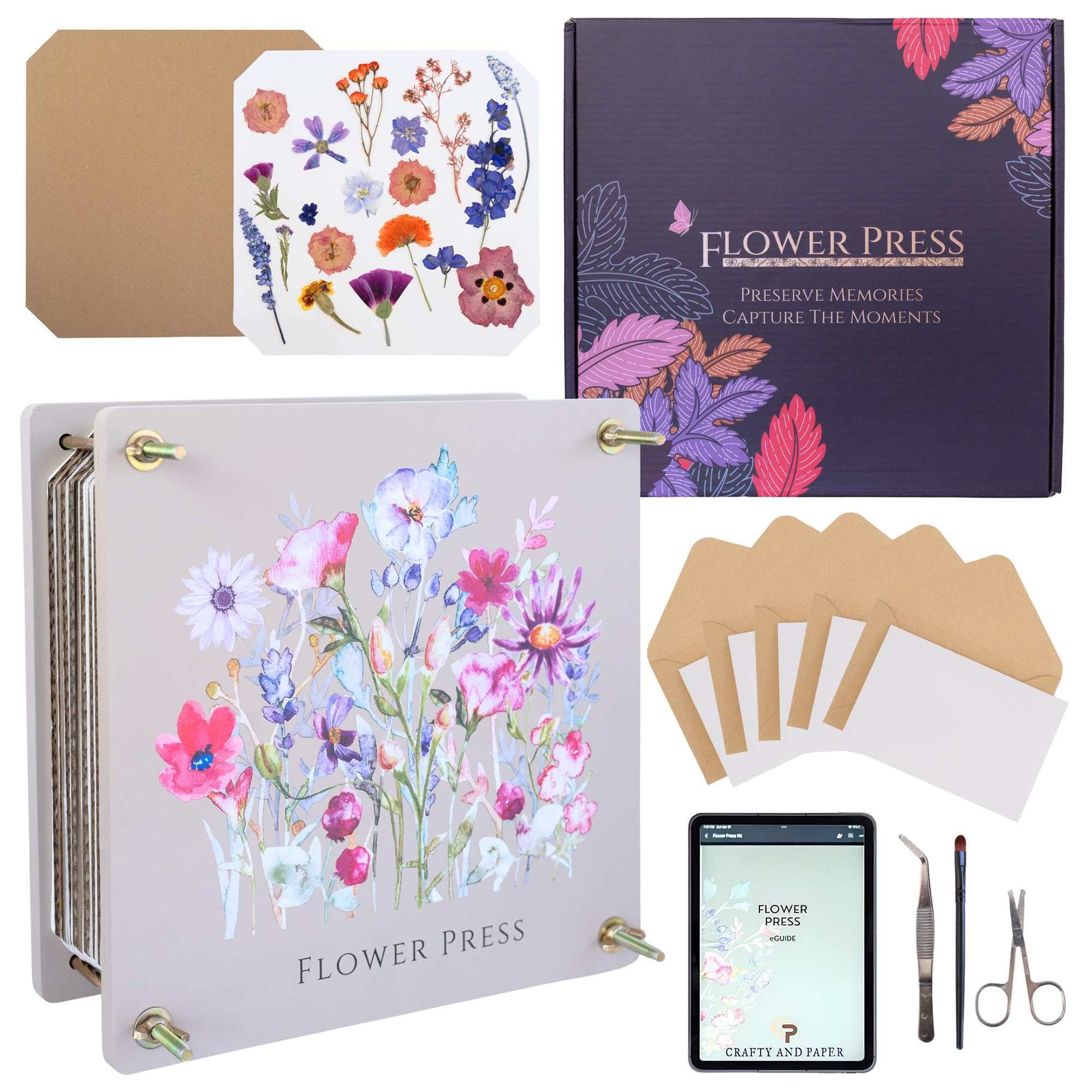 Extra Large Flower Press 11.2" x 10.7" - Press up to 10 Layers! Includes Cardboard, Blotting Paper, Greeting Cards, Ebook & More. Perfect Flower Preservation Kit for Kids & Adults