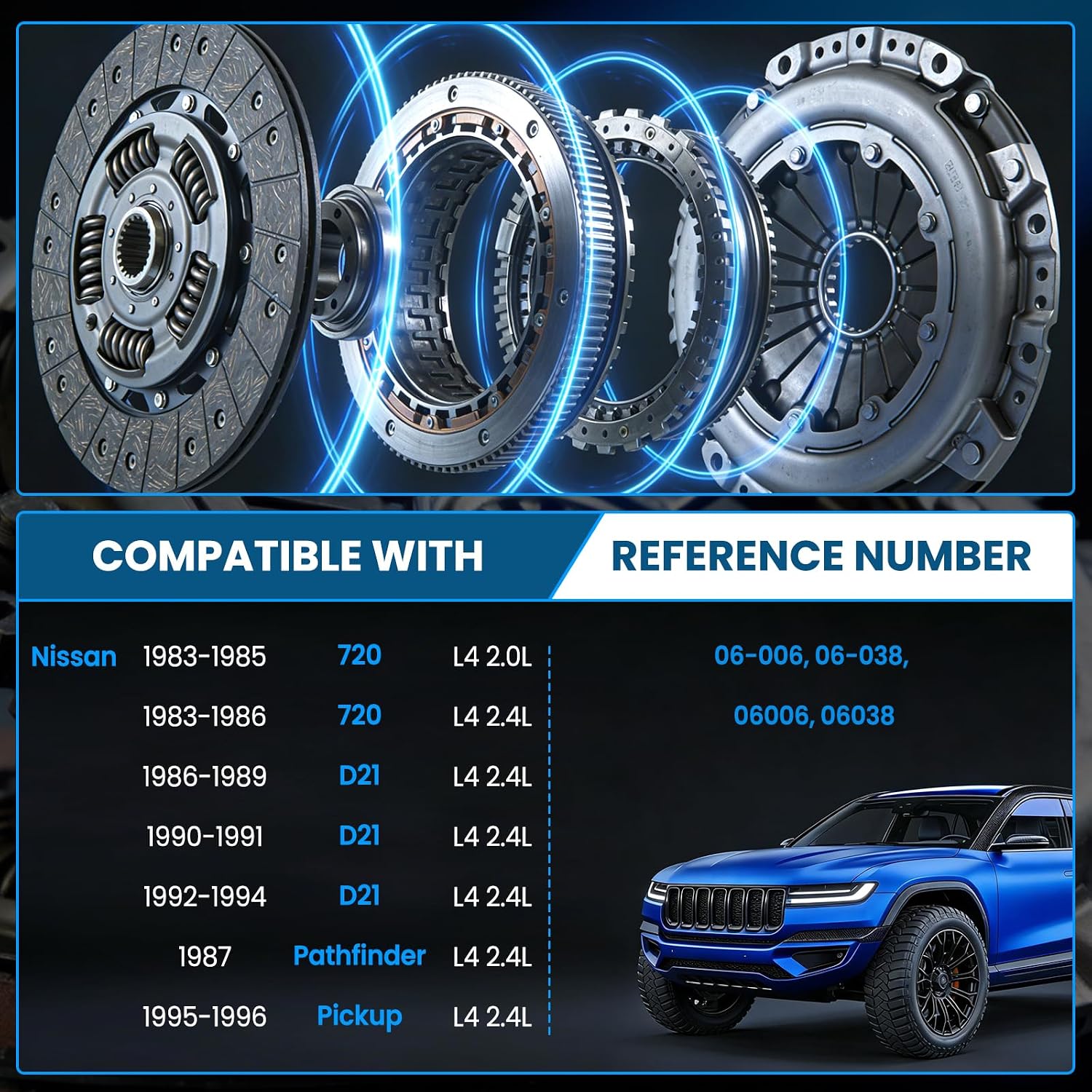 Transmission Clutch Kit with Release Bearing for 720 1983-1986, D21 1986-1994, Pathfinder 1987, Pickup 1995-1996 2.4L Manual Transmission, 9.45" Disc 24 Spline, Replace 06-006