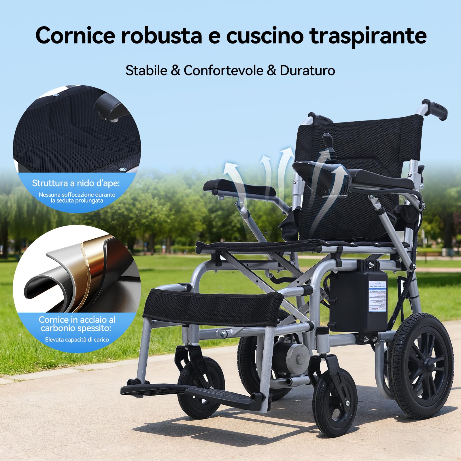 【Nuovo】D12 Sedia a rotelle elettrica pieghevole leggera per anziani, dotata batteria litio 12Ah, autonomia 20km, pneumatici anti-foratura, struttura anti-ribaltamento, idonea al trasporto aereo