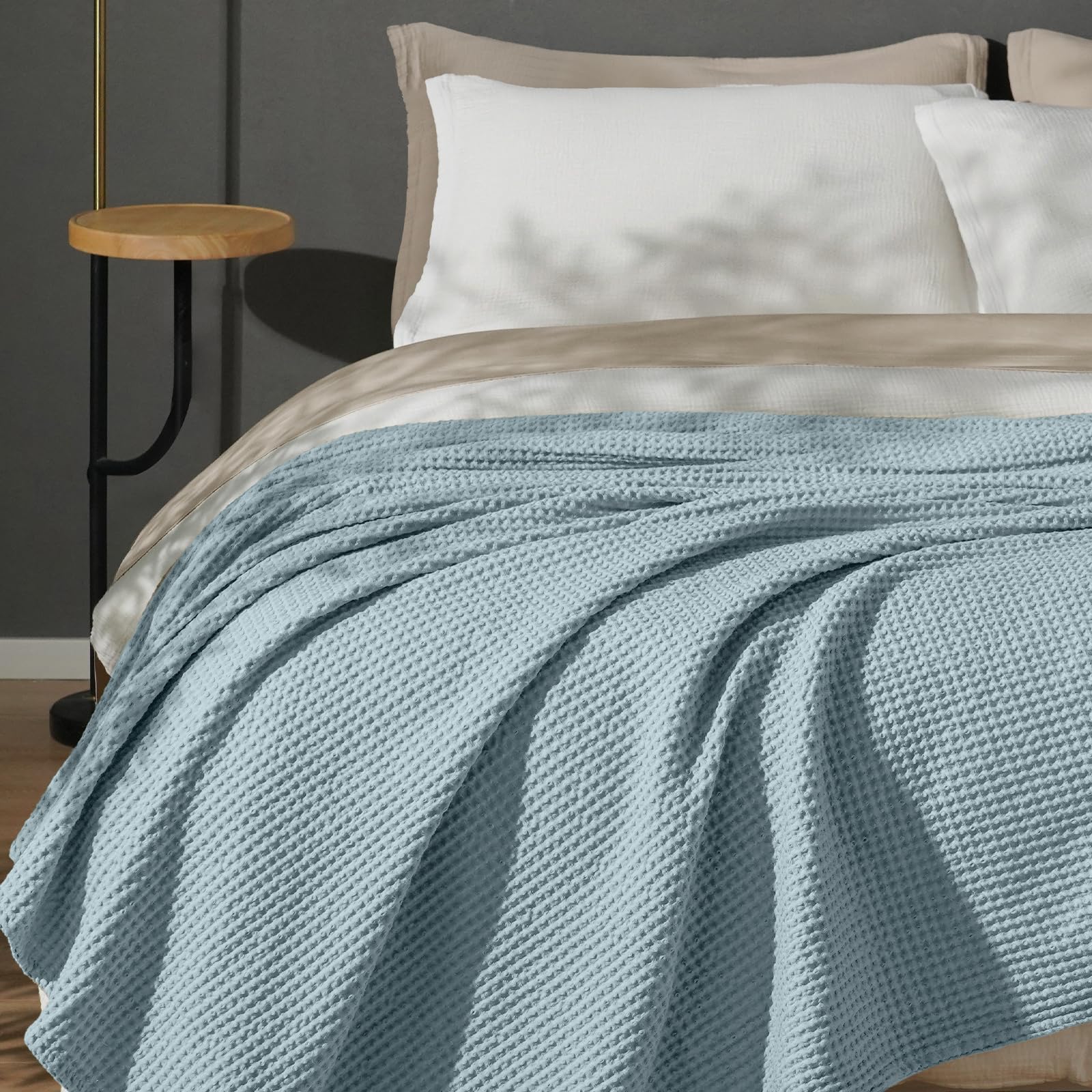 phf 100% cotton waffle weave blanket queen size for bed,snag proof lightweight breathable moisture-wicking throw for couch,great for layering in cold weather, home decor gift-dusty blue