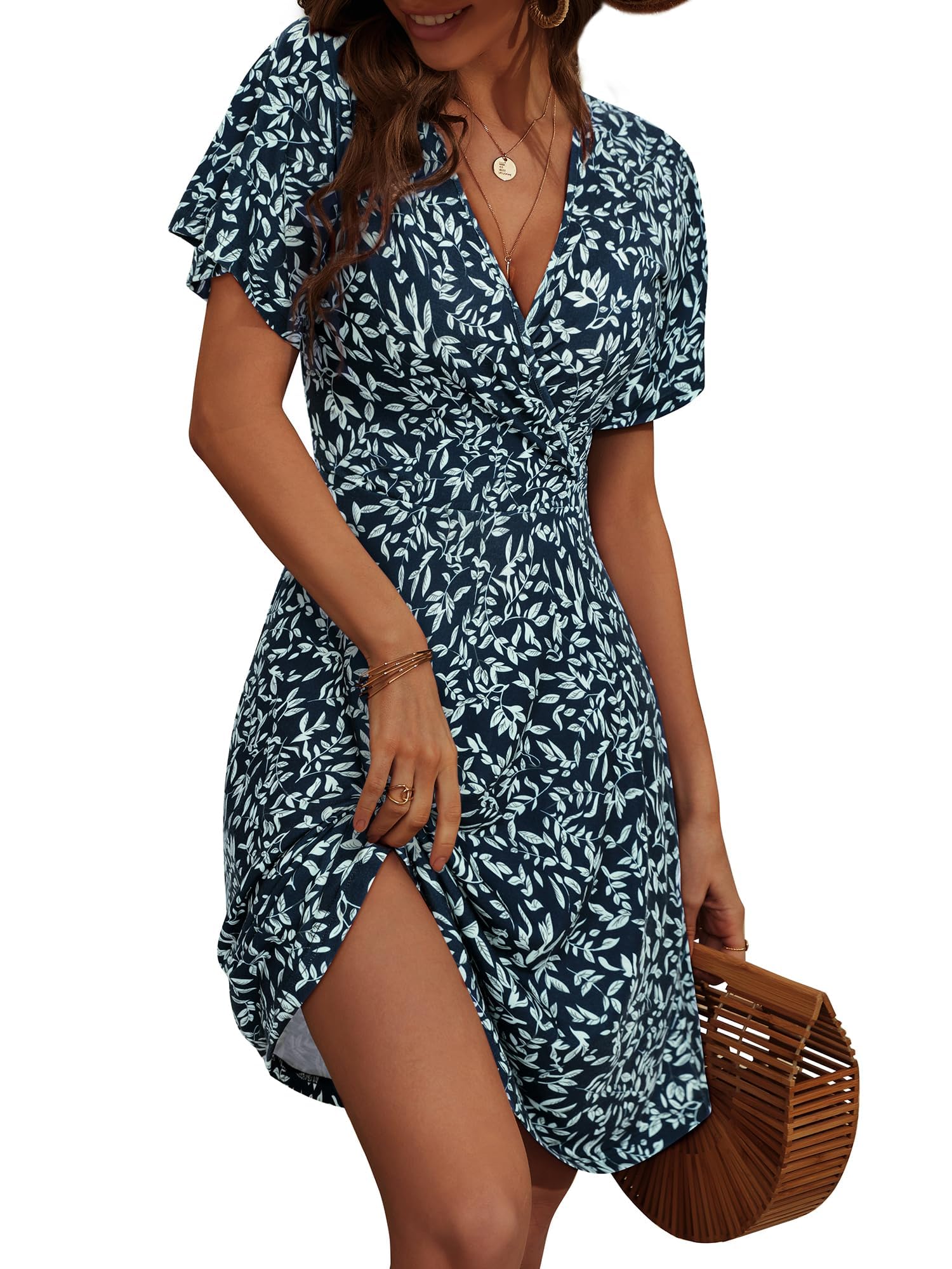 LIAMERHE Abito Estivo Donna Scollo a V Vestito a Portafoglio Manica Corta/Senza Maniche Floreale Abiti al Ginocchio Elegante per Cerimonia Invitata Matrimonio Spiaggia Vacanza Casual Boho Chic