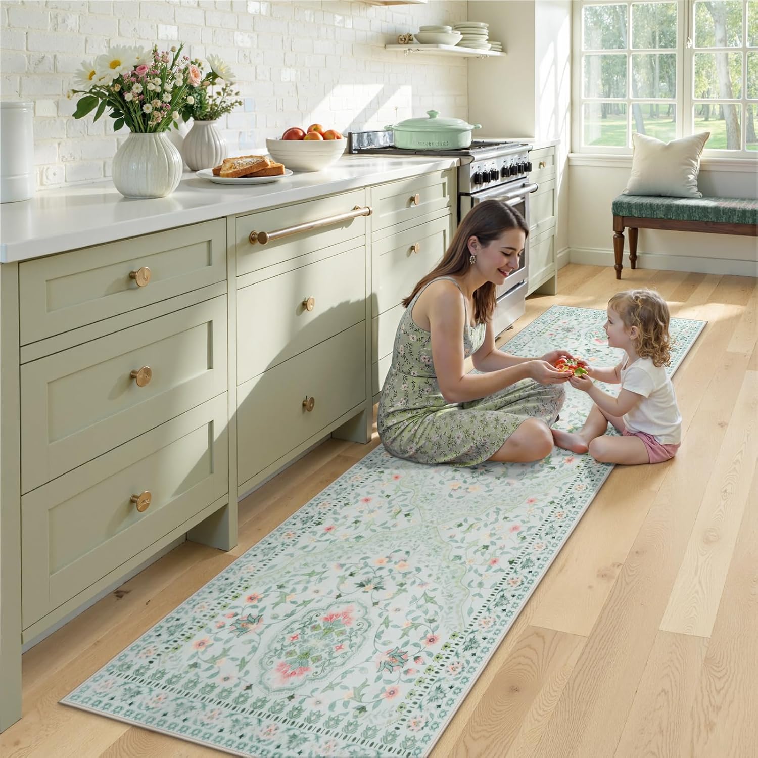 LIVEBOX Floral Runners for Hallways-2.5X8 Kitchen Runner Rug Ultra-Thin Soft Non-Slip Washable Rug Stain Resistant Boho Low-Pile Floral Carpet for ‎Laundry Bathroom Bedroom Entryway(2.5x8ft, Green)