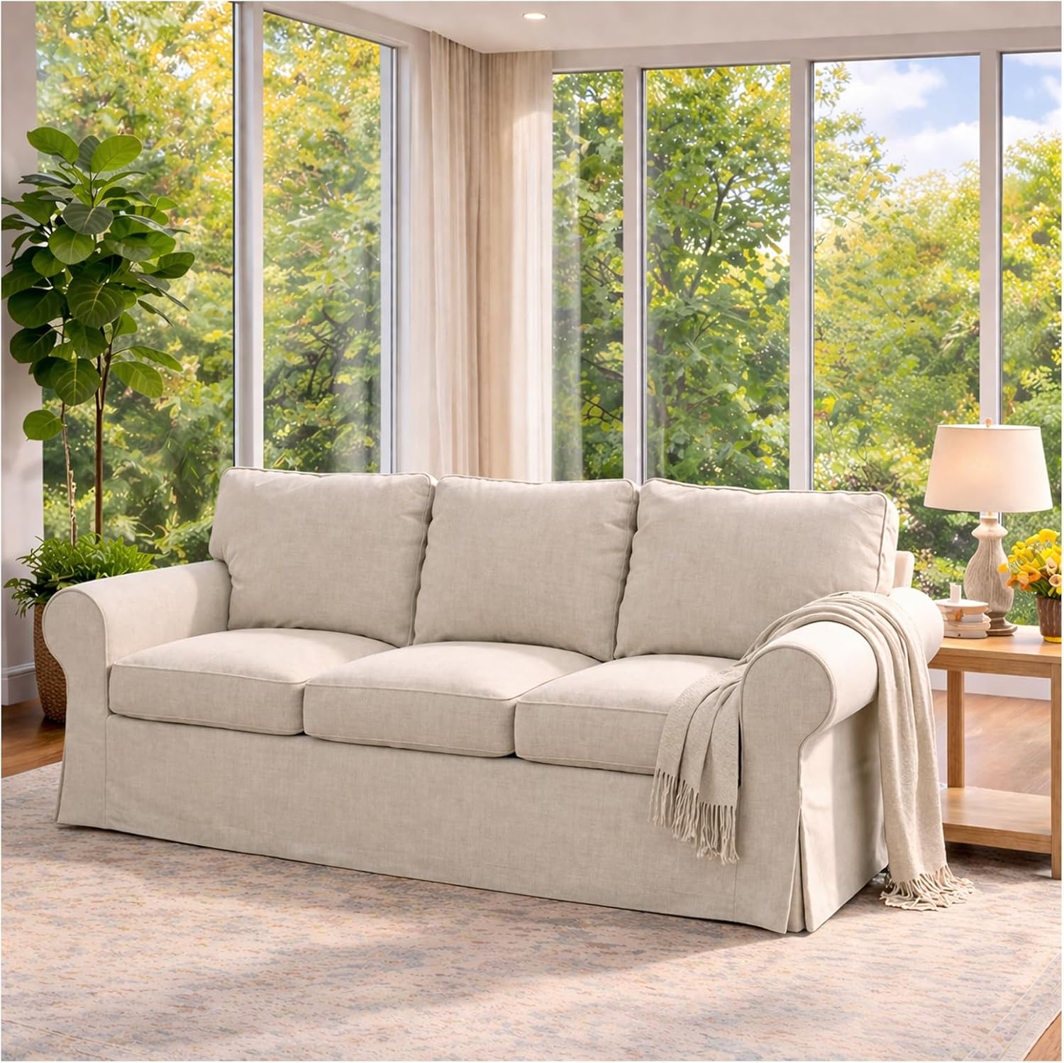Sofa Covers Compatible with IKEA Ektorp 3 Three Seat Sofa Slipcovers (Polyester Beige, Ektorp Sofa)