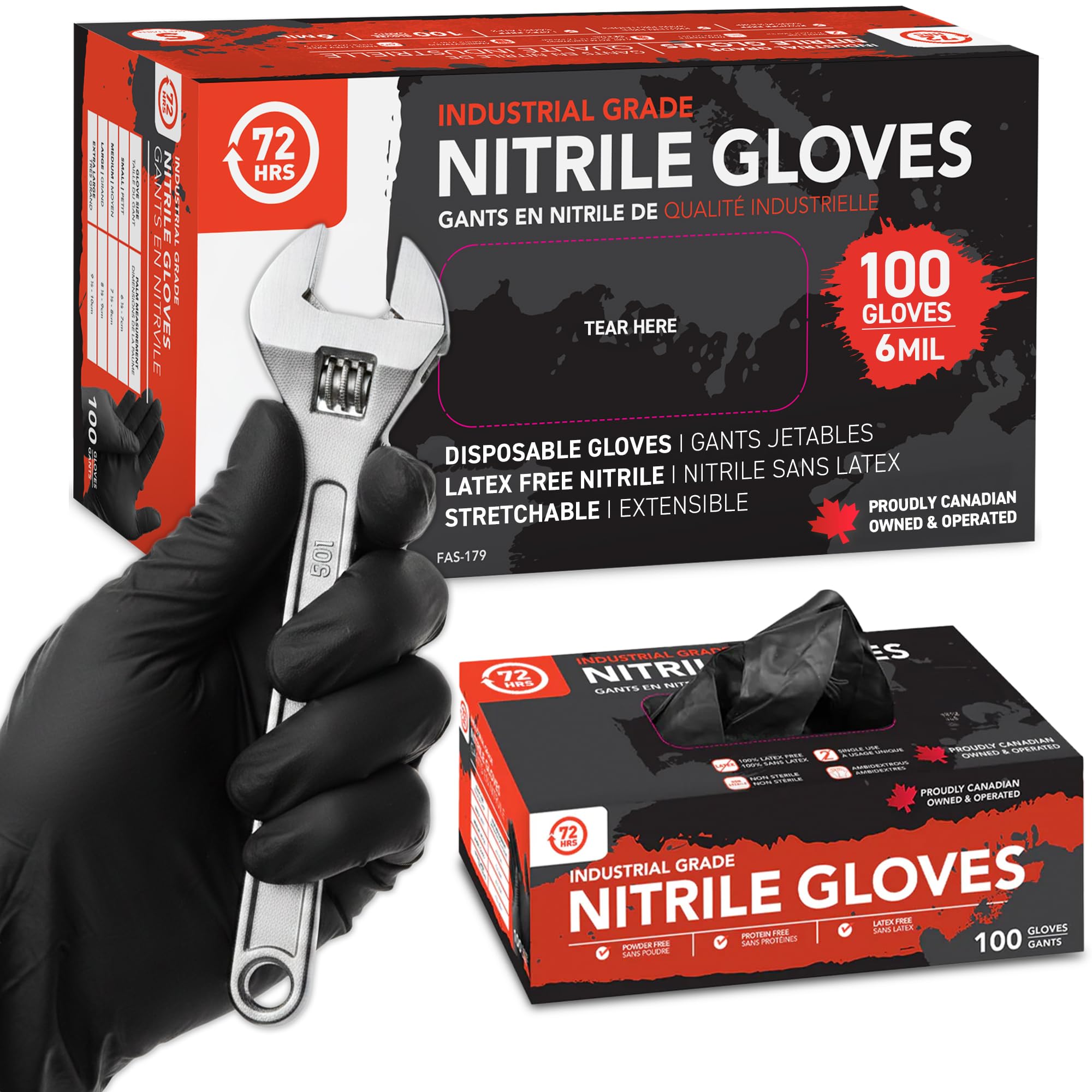 72HRS Black Nitrile Gloves, Disposable Gloves-6mil, Rubber/Latex Free, Gants Jetables, Gants Nitrile, Chemical Resistant