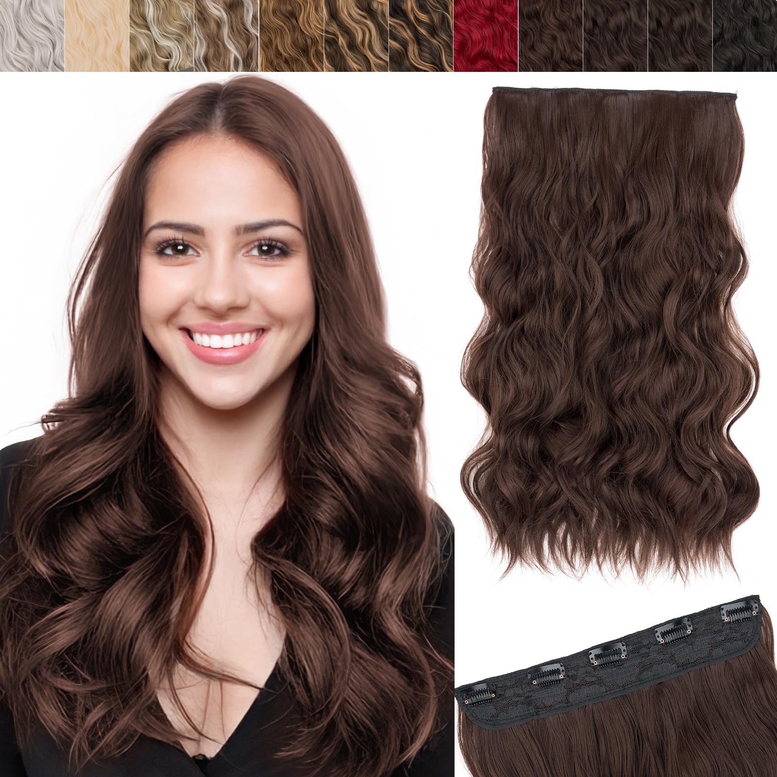 SEGO 3/4 Full Head Clip in Hair Extensions Long Wavy Synthetic Hairpiece 20 Inch One Piece Clip In Hairpiece With 5 Secure Clips