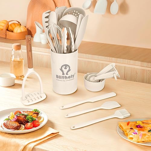 Miniatura 3 de Juego de utensilios de cocina de silicona grande con soporte, juego de utensilios de cocina de 25 piezas con mango de madera, juegos de espátulas