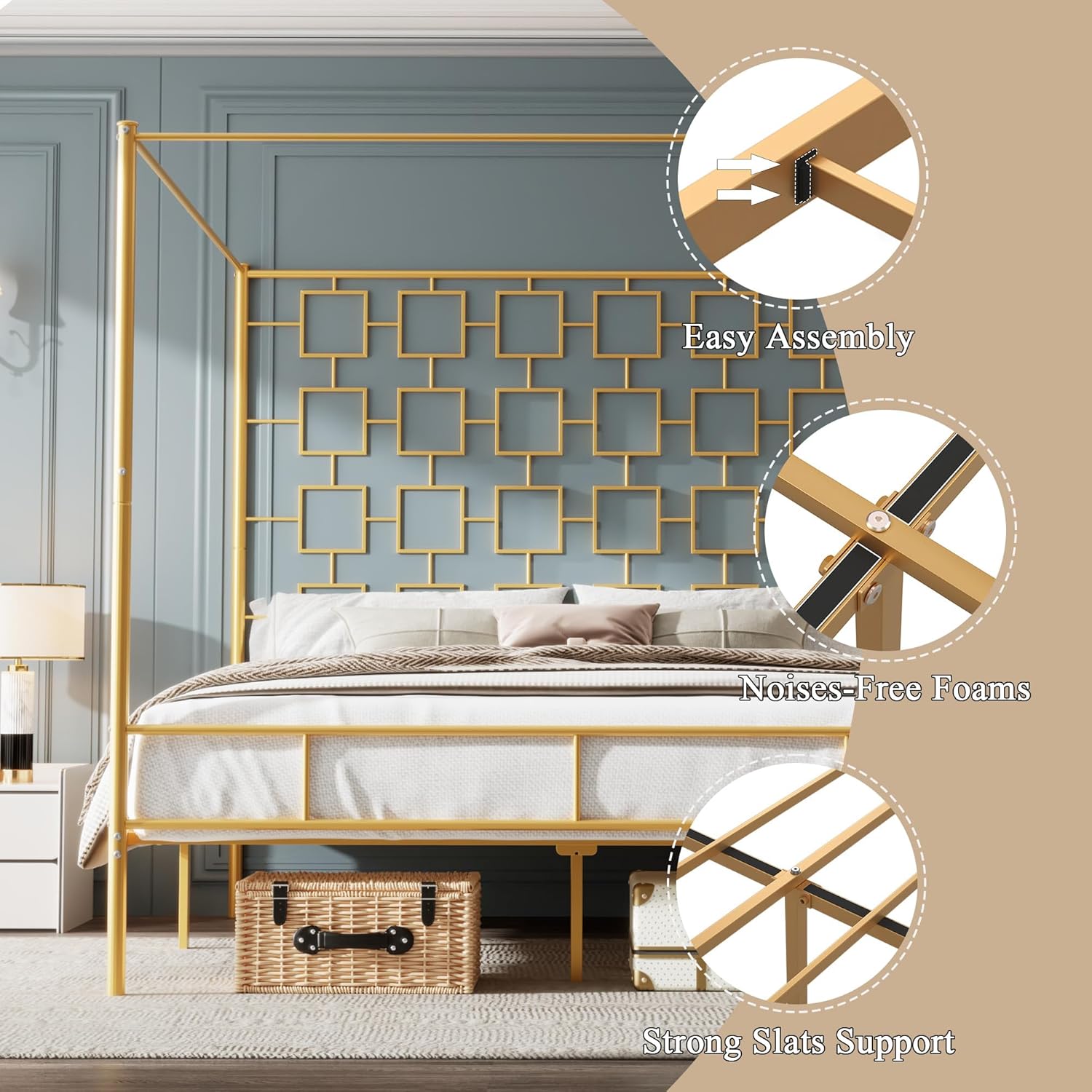 Canopy Bed Frame Queen Size with Headboard and Footboard, Four-Poster Metal Canopy Platform Bedframe, Underbed Storage, No Box Spring Needed, Easy Assembly, Gold