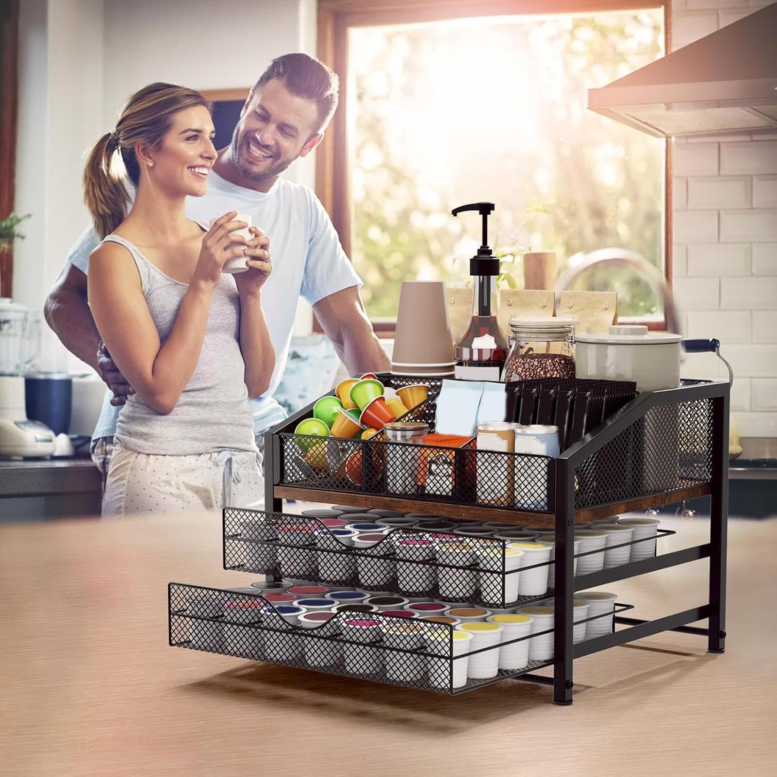 Generico Portatazze per caffè Contenitore a 3 livelli con cassetti | Portabustine tè per piano di lavoro, mobiletto, scrivania, parete, frigorifero, casa, cucina, bar, caffetteria, zona caffè e