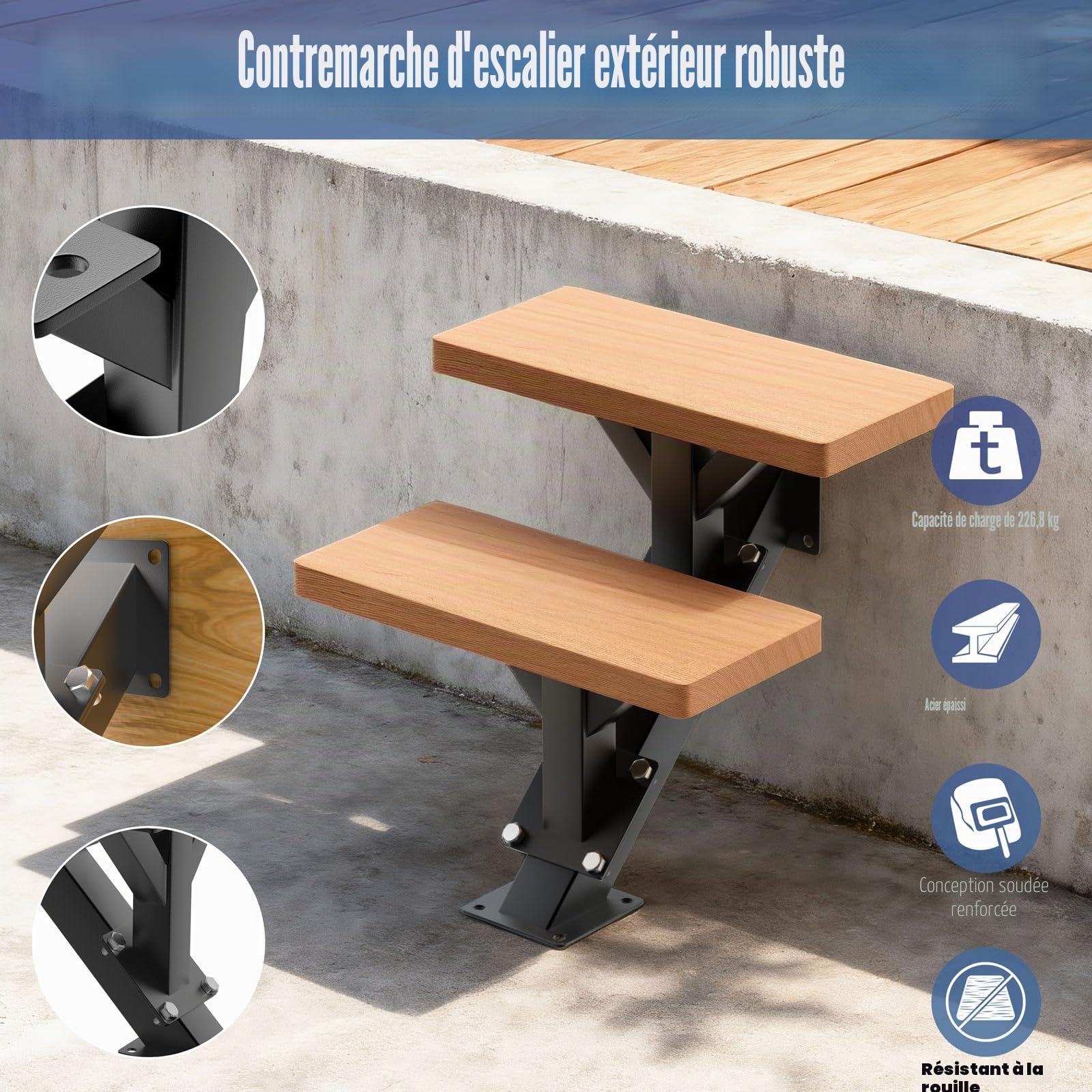 Limons d'escalier métalliques 2 marches, avec Trous pré-percés | contremarches en acier pour terrasse de 33 cm de hauteur,charge maximale 225 kg,extérieures pour terrasse, porche, patio
