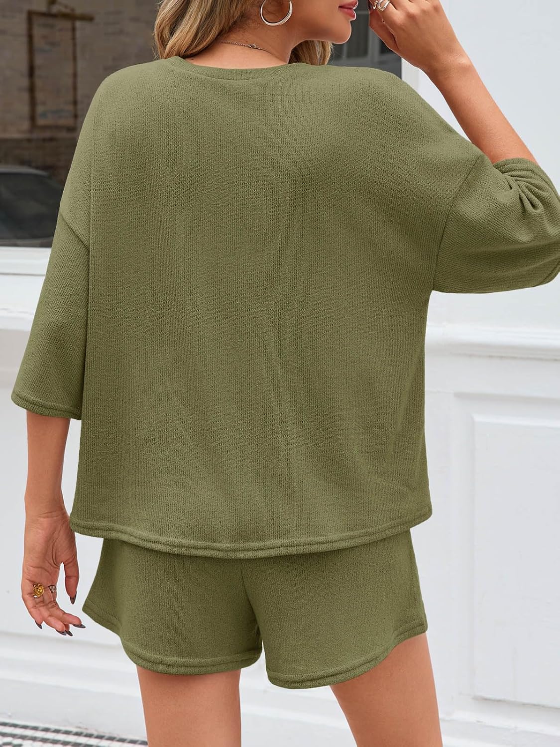 Tankaneo Womens 2 Piece Outfits Sweater Set Lounge Sets 3/4 Sleeve Oversized Tops and Elastic Waist Shorts Pajama Sets - Image 3