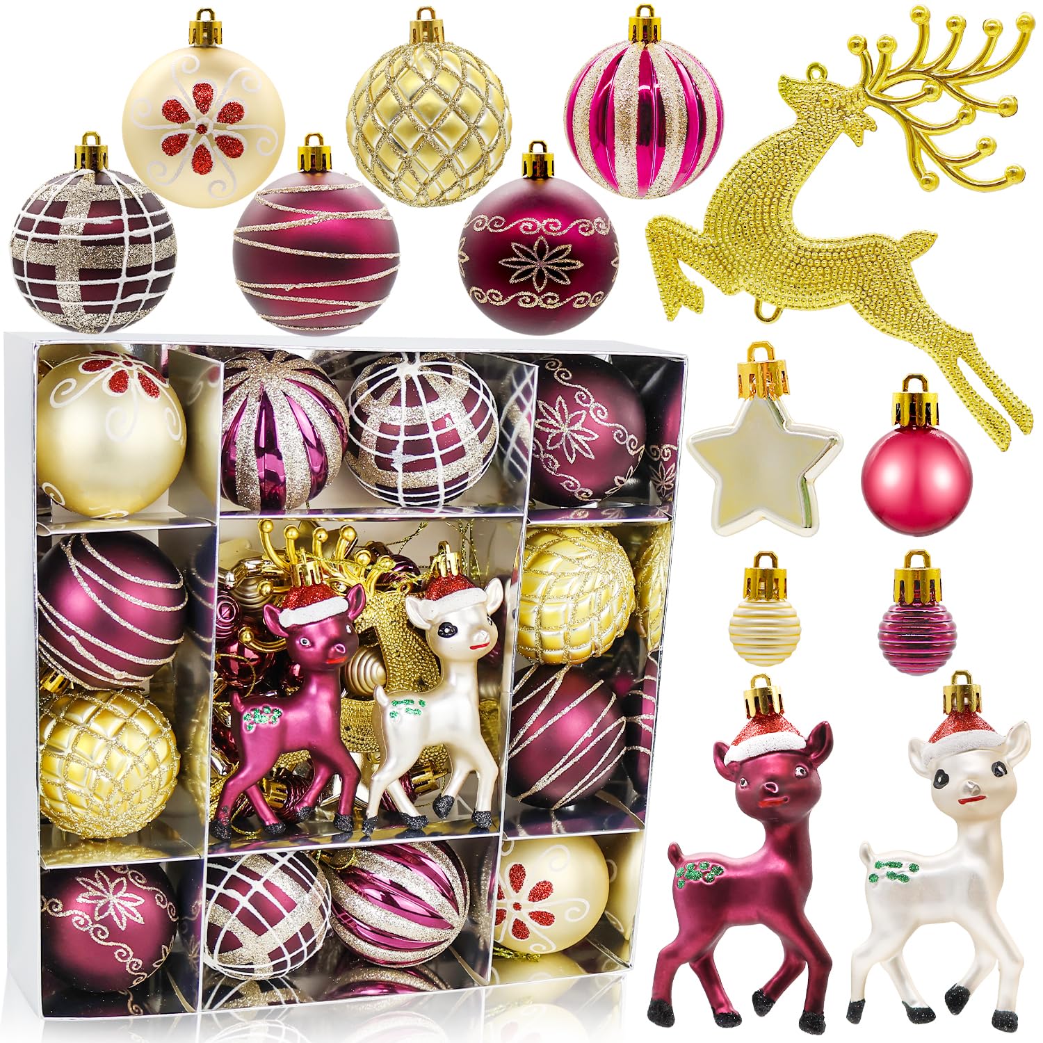 44PCS Christmas Baubles Plastic Shatterproof Hanging Ornaments for Christmas Tree Decorations, Red Xmas Tree Baubles, Deep Red Deer