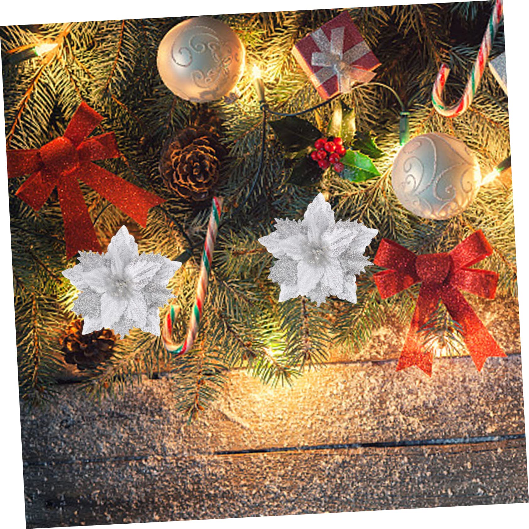 64 pcs Fleur de Noël Artificielle Fleur de Noël Fête Fleur Prop Poinsettia Fleurs Artificielles Noël Paillettes Fleurs Vacances Paillettes Poudre Fleurs Artificielles Arbre de Noël