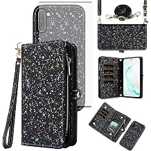 Asuwish Phone Case for Samsung Galaxy Note 10 5G Zipper Wallet Magnetic Detachable Cover with Screen Protector and Glitter Card Holder Slot Flip Stand Cell Note10 Notes 10s Ten Not S10 Women Men Pink