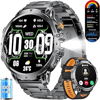 LIGE Smart Watches for Men with 50+Days Standby(1000mAh)/1.85" HD AMOLED Large Screen/Flashlight/50M Waterproof,100+ Sports Fitness Tracker Watch,Pedometer Mens Military Smart Watch for Android iPhone