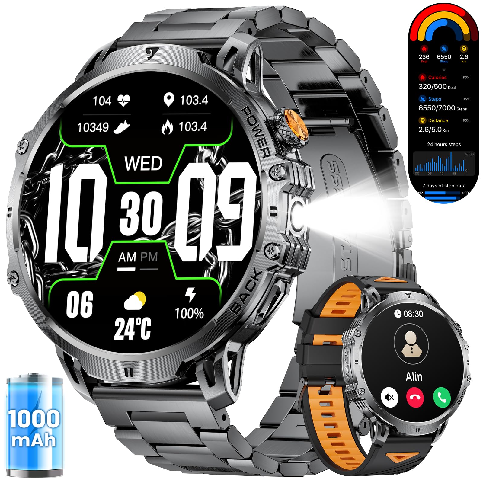 LIGELIGE Smart Watches for Men with 50+Days Standby(1000mAh)/1.85" HD AMOLED Large Screen/Flashlight/50M Waterproof,100+ Sports Fitness Tracker Watch,Pedometer Mens Military Smart Watch for Android iPhone