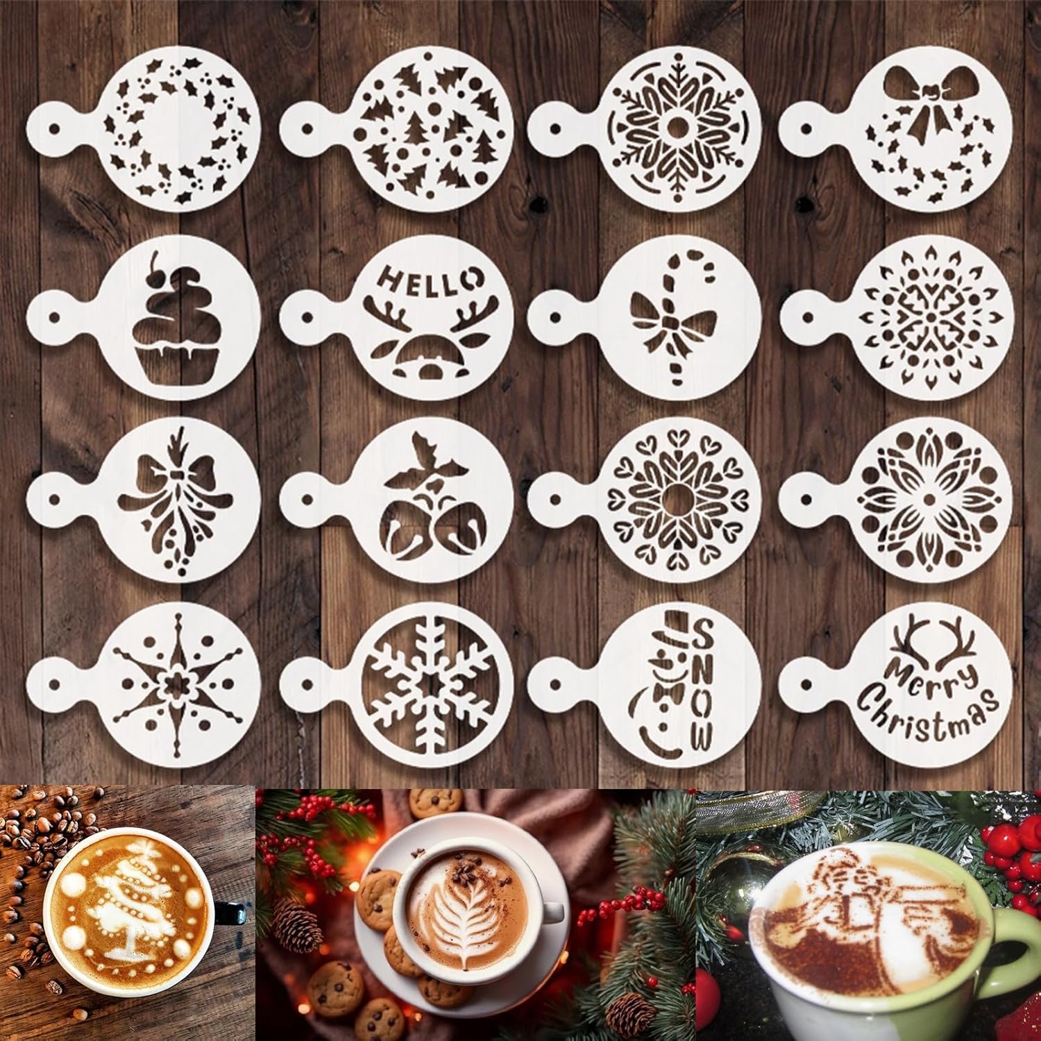16 Pcs Christmas Cookie Stencils – Xmas & Coffee Chocolate Stencils for Cappuccino, Latte & Cake Baking, DIY Craft for Christmas Party