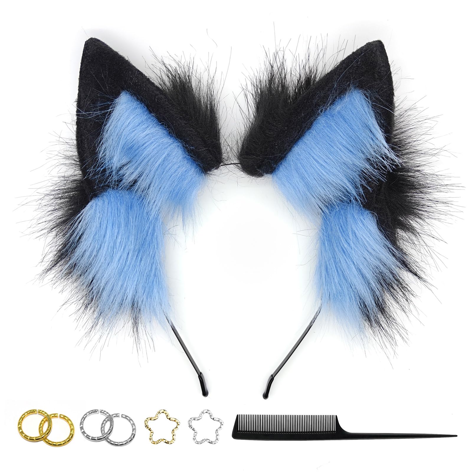 Cat Wolf Fox Dog Ears Headband Handmade Faux fur Cosplay Halloween Costume Party: Black+blue