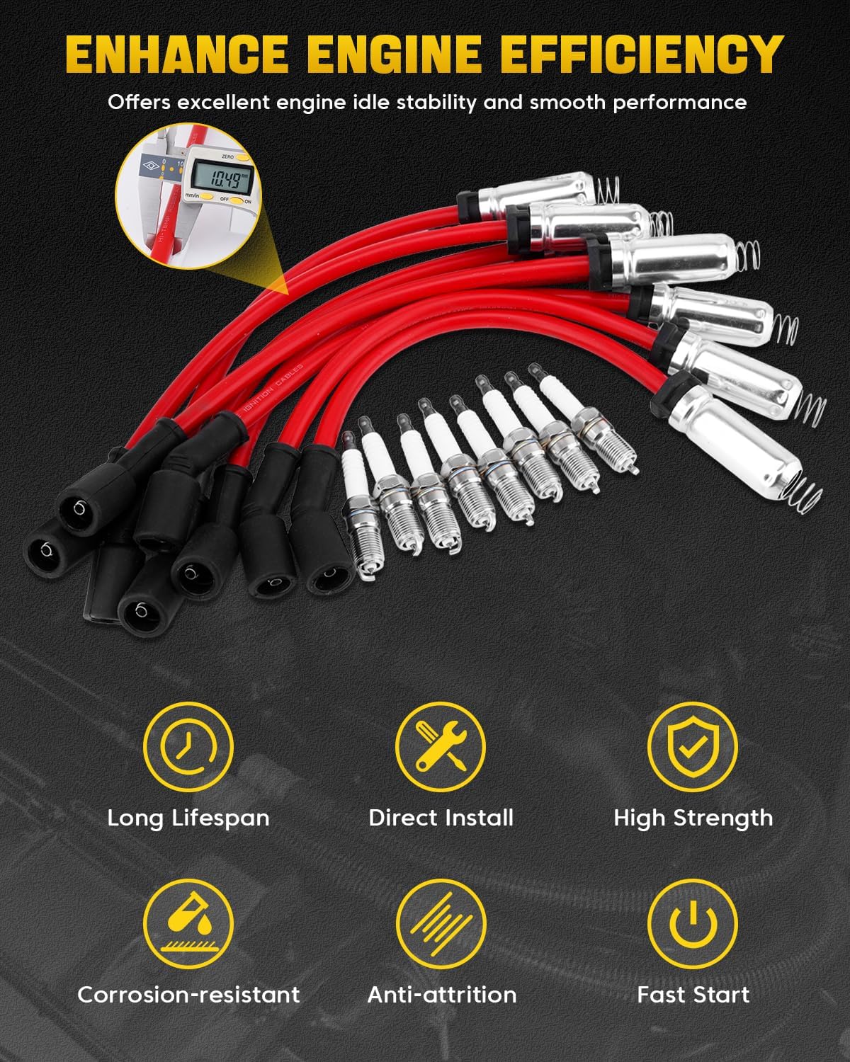 8Pcs 41-110 Iridium Spark Plugs & M8-48322 10.4mm Silicone Spark Plug Wires Compatible with Chevy Silverado Suburban Tahoe, GMC Envoy Sierra Savana Yukon, Cadillac, Hummer, 5.3L 6.0L 6.2L V8 LS Truck