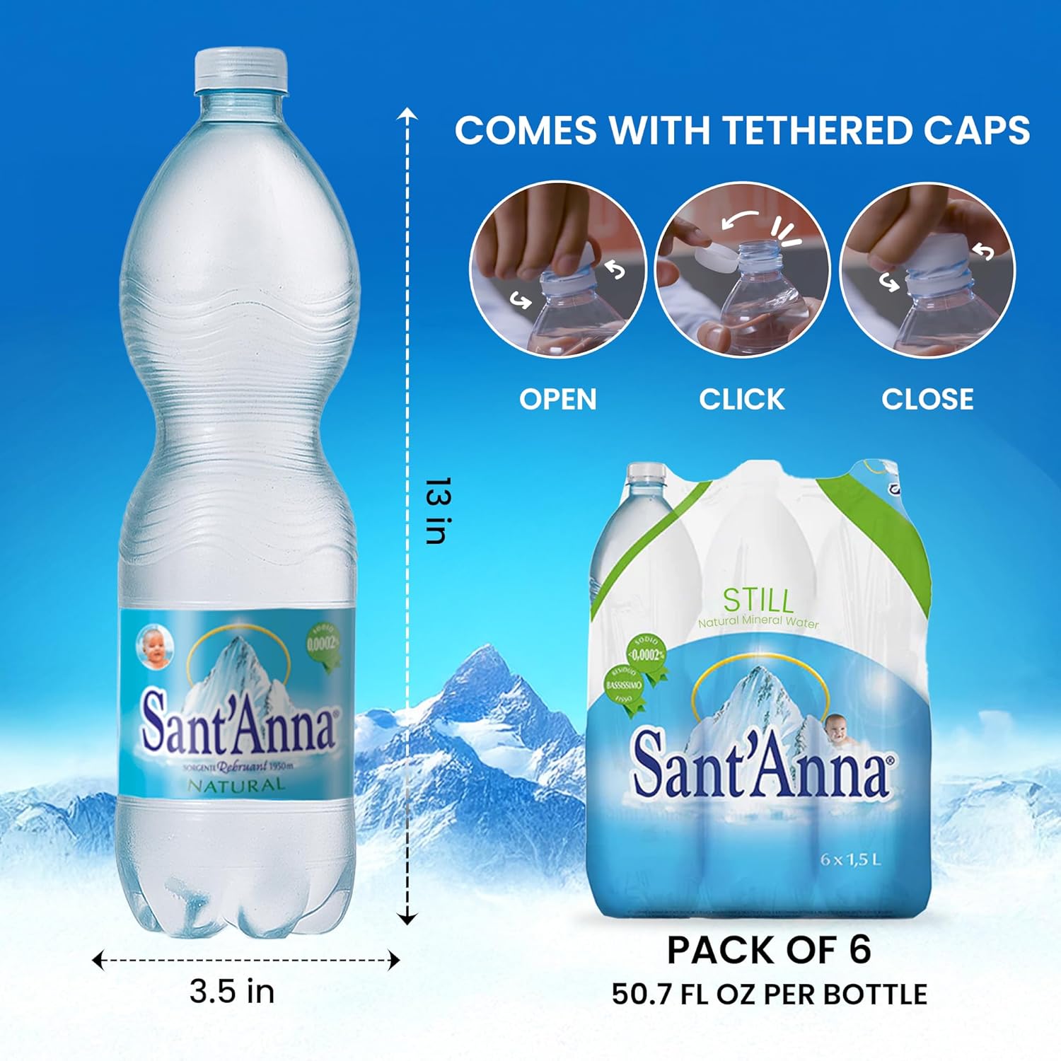 Sant'Anna Still Mineral Water, 50.7 Fl Oz (6-Pack) | Pure Italian Alps Mountain-Fresh Drinking Water | Natural Functional Drink | Sodium-Free Mineral in BPA-Free Bottles
