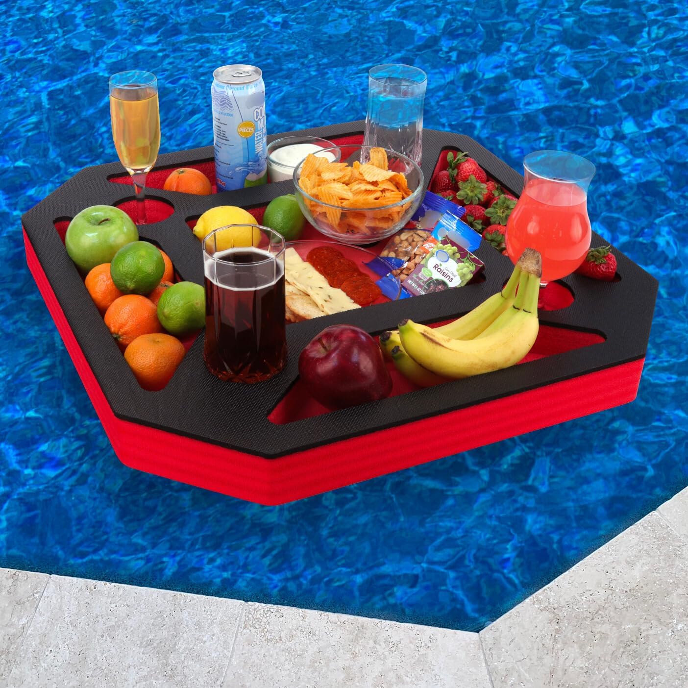 Large Floating Spa Hot Tub Bar Drink and Food Table Red and Black Refreshment Tray for Pool or Beach Party Float Lounge Durable Foam 23.5 Inches 9 Compartment UV Resistant