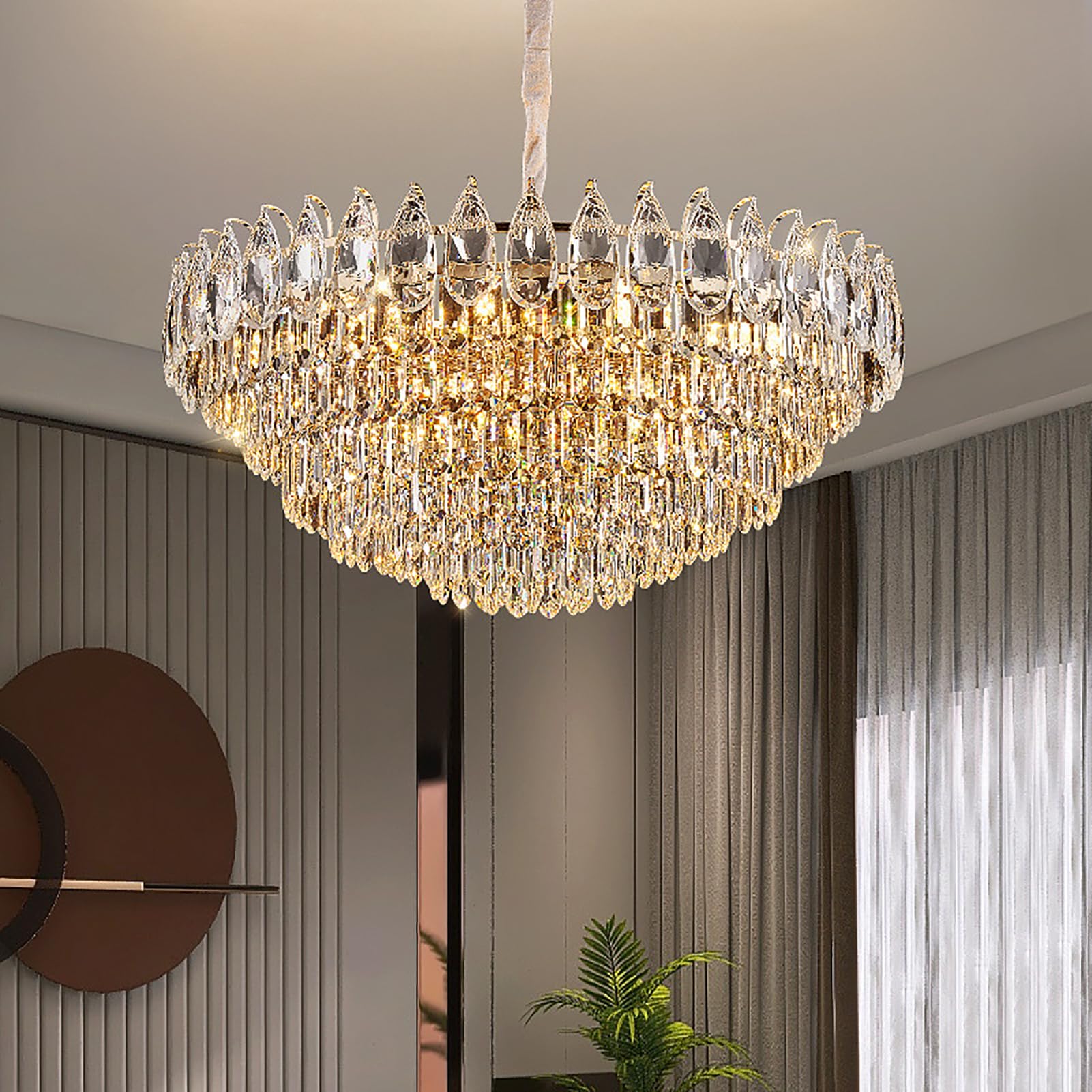 KXEcoLife Modern Luxury K9 Crystal Chandelier - Adjustable Height Round Pendant Light Fixture for Dining Room Living Kitchen Island & Foyer 60cm/24inch Raindrop Design
