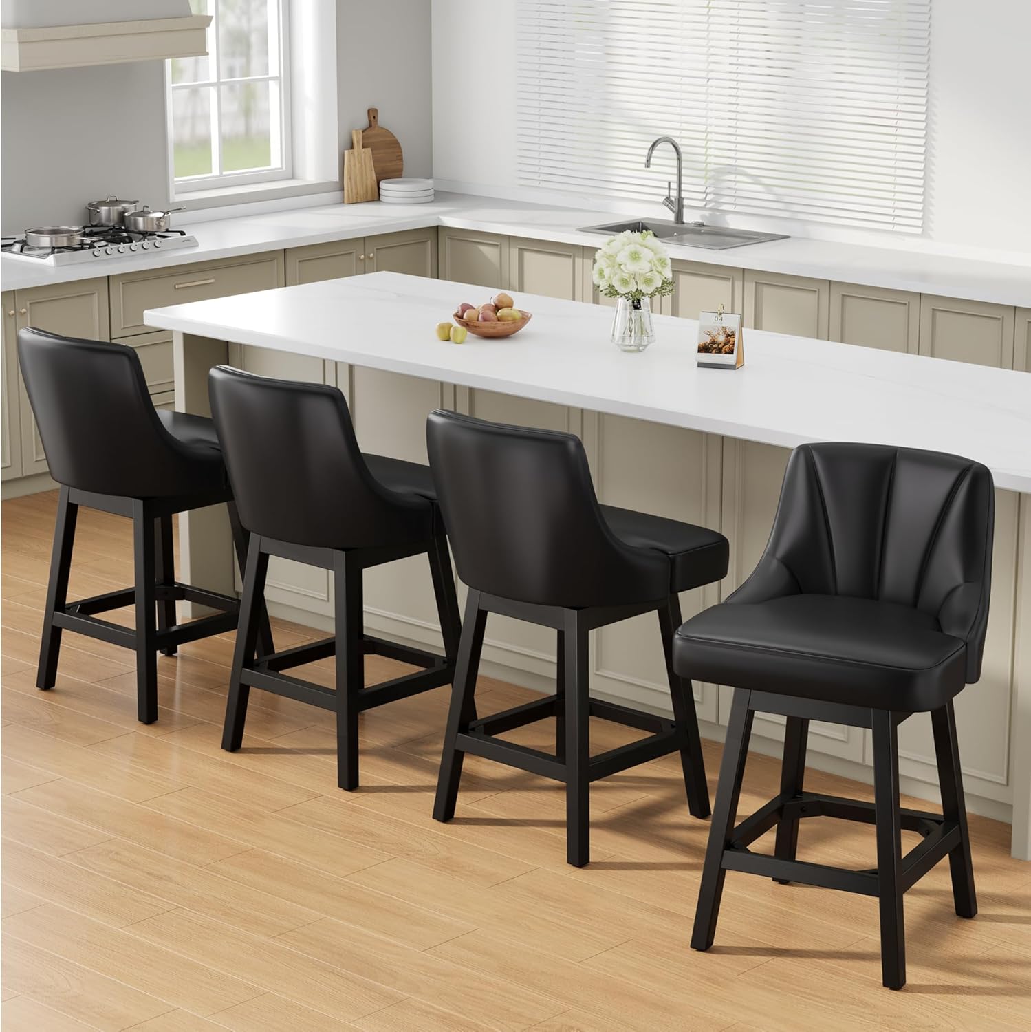 YaFiti Swivel Bar Stools Set of 2, 26 Inch Counter Height Bar Stools with Backs, Modern PU Leather Extra Upholstered Barstools with Square Solid Wood Legs for Kitchen Island, Dining Room, Black